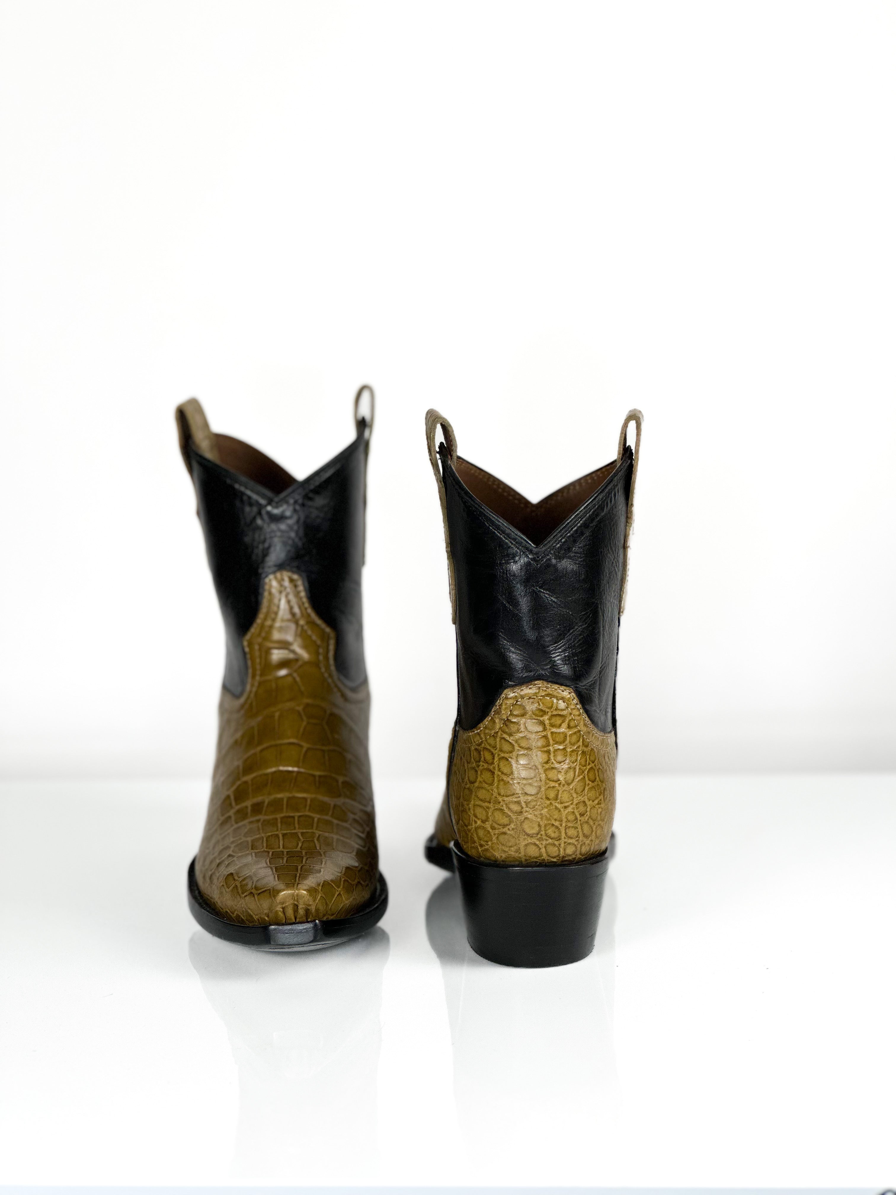 Women’s Gator Bootie - Lux — angled view of handmade alligator boots