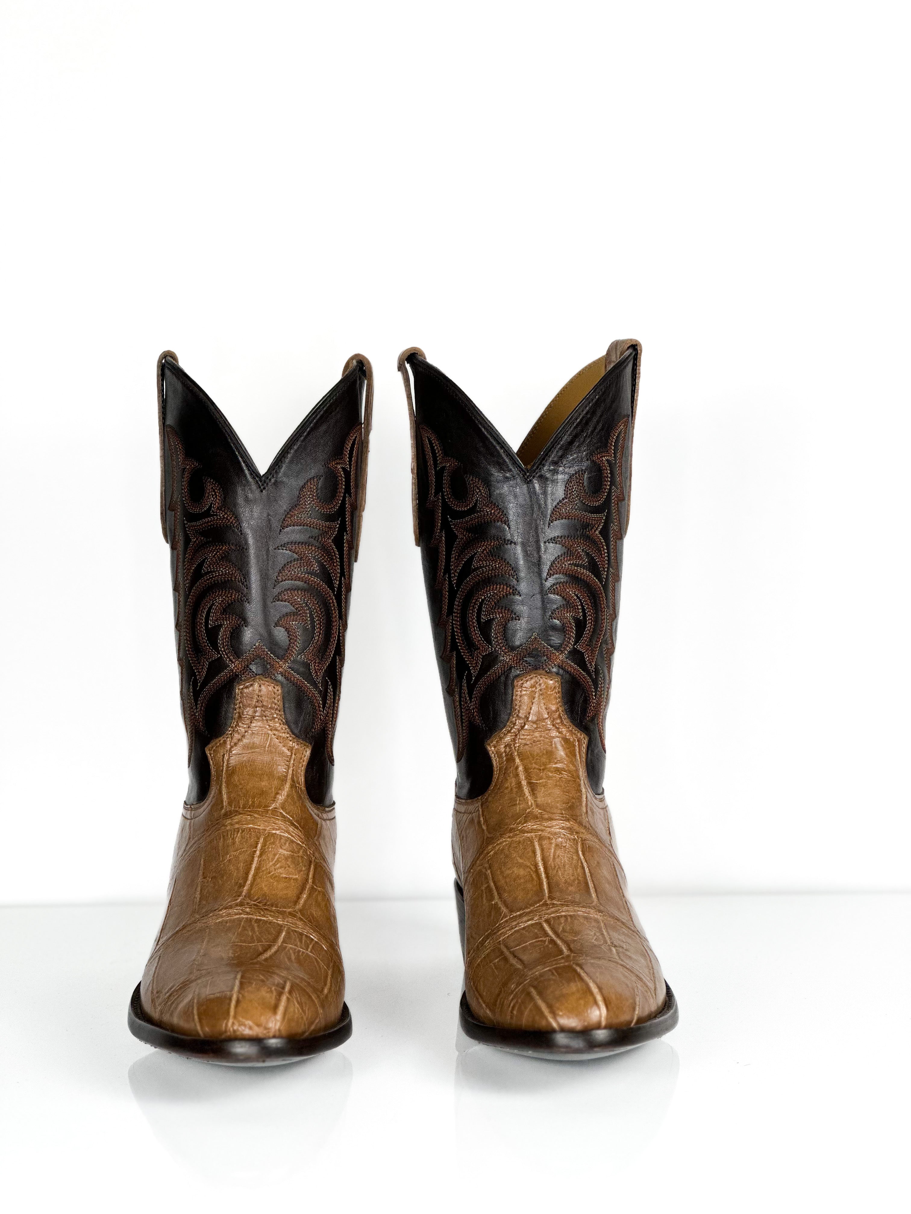 Alligator- Caramel Stitch Boot — side view of handmade American Alligator boots