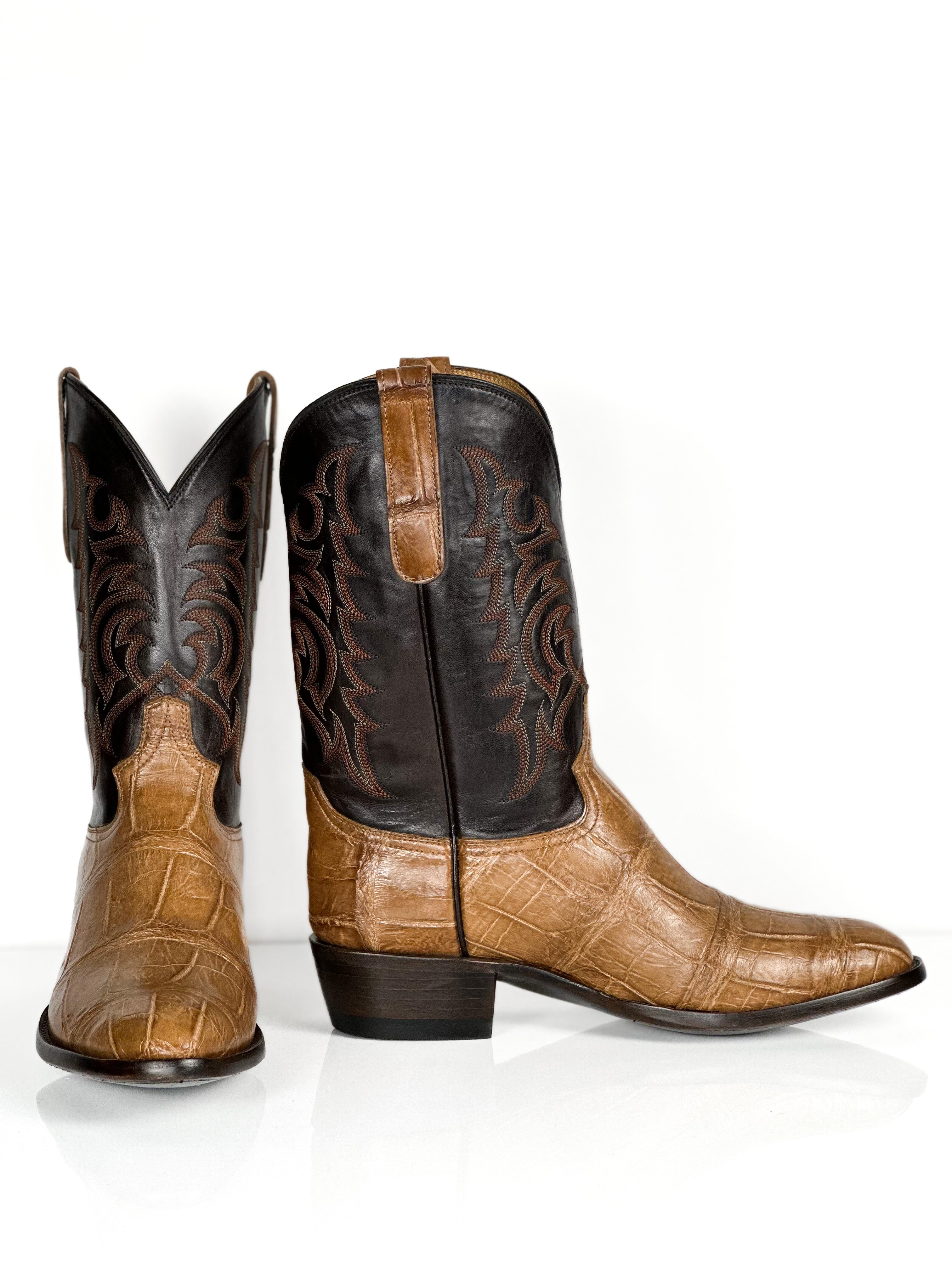 Alligator- Caramel Stitch Boot — detail shot of handmade American Alligator boots