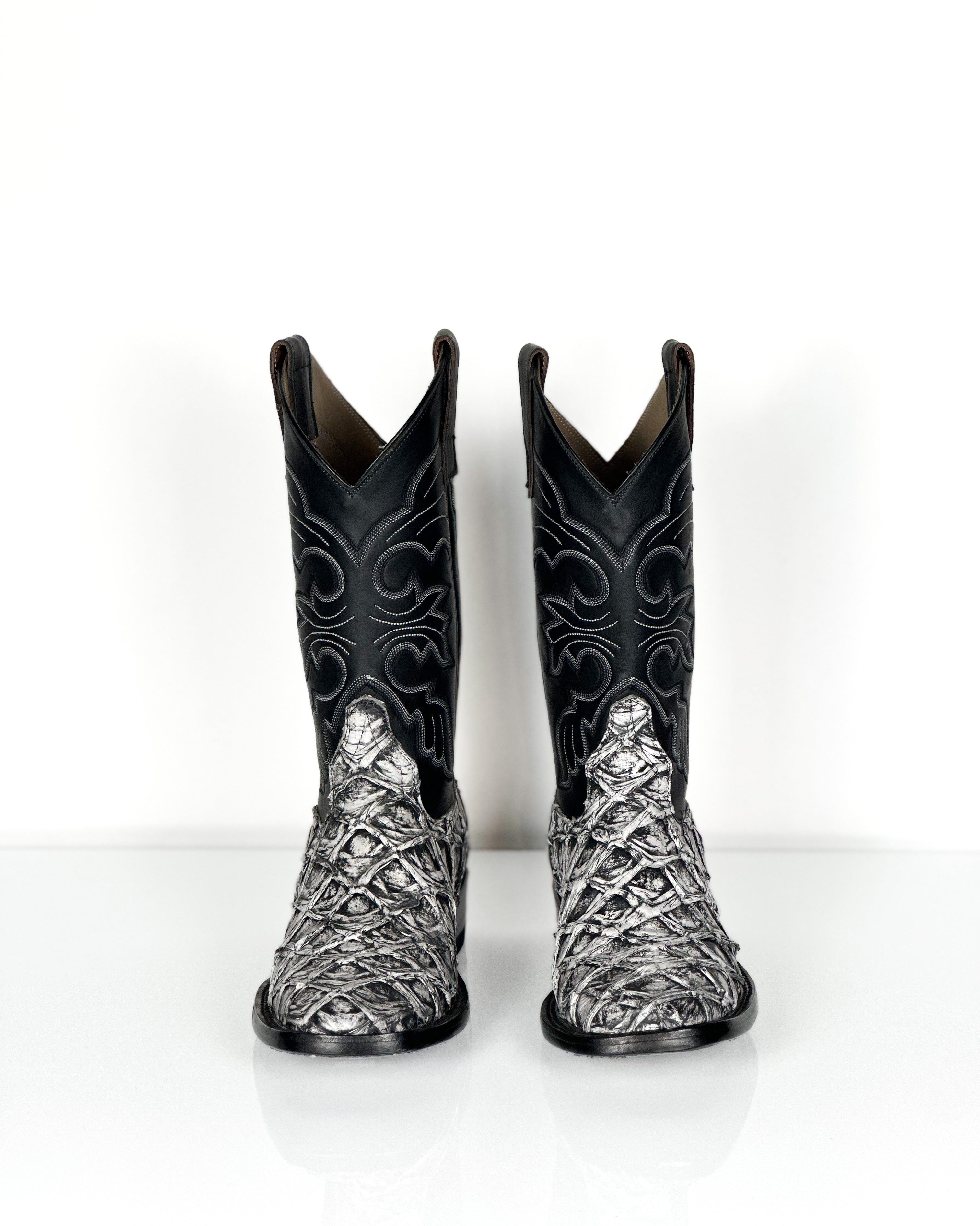 Pirarucu Fish-Web Gray Boots — side view of handmade pirarucu boots