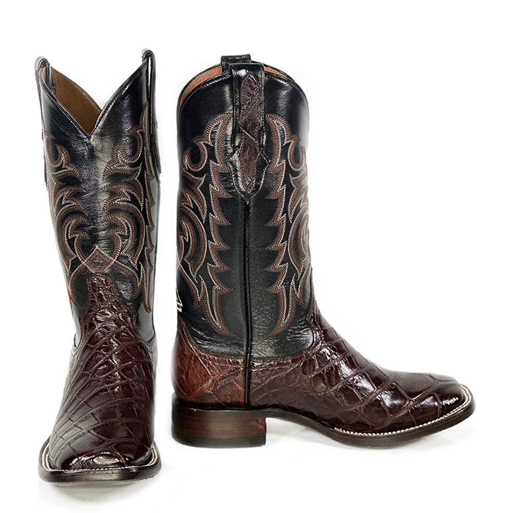 American Alligator- Black Cherry Boot — side view of handmade American Alligator boots