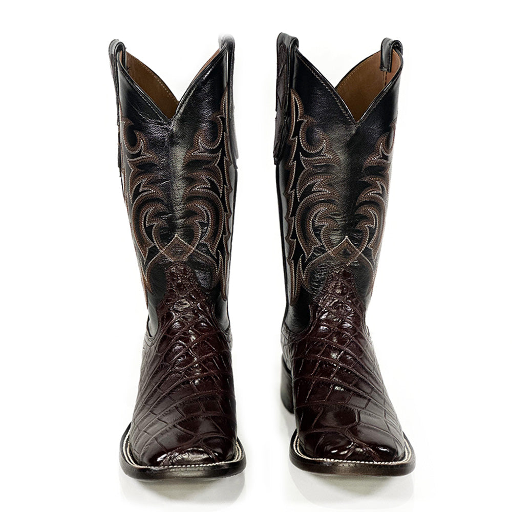 American Alligator- Black Cherry Boot — detail shot of handmade American Alligator boots