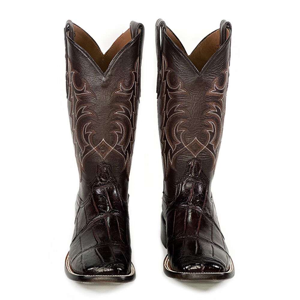 American Alligator -Cherry Brown Boot — detail shot of handmade American Alligator boots