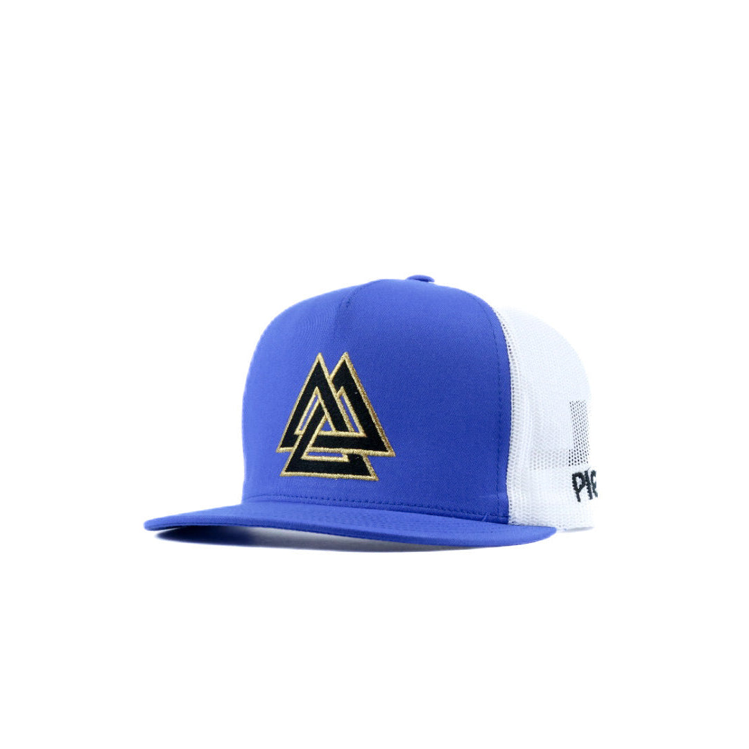 Blue, white, and gold cap with a triangle logo piedreros