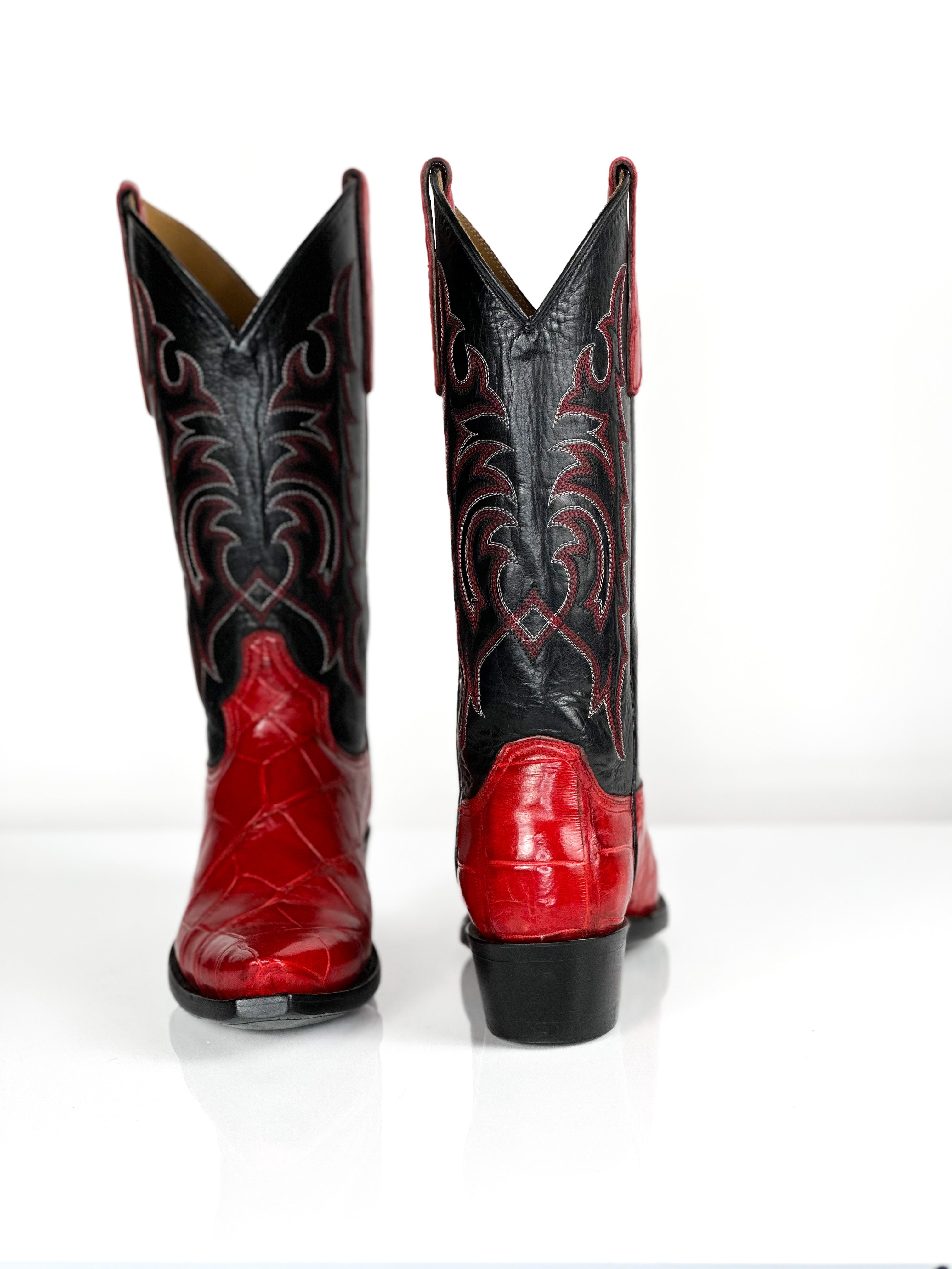 Scarlet Red Boots — angled view of handmade western boots
