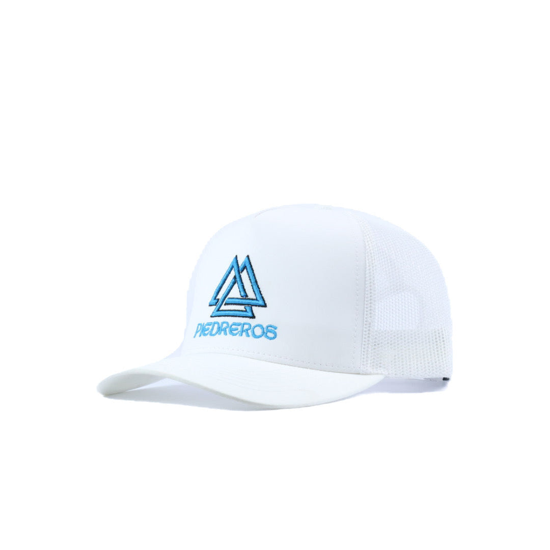 White cap with blue and black piedreros logo