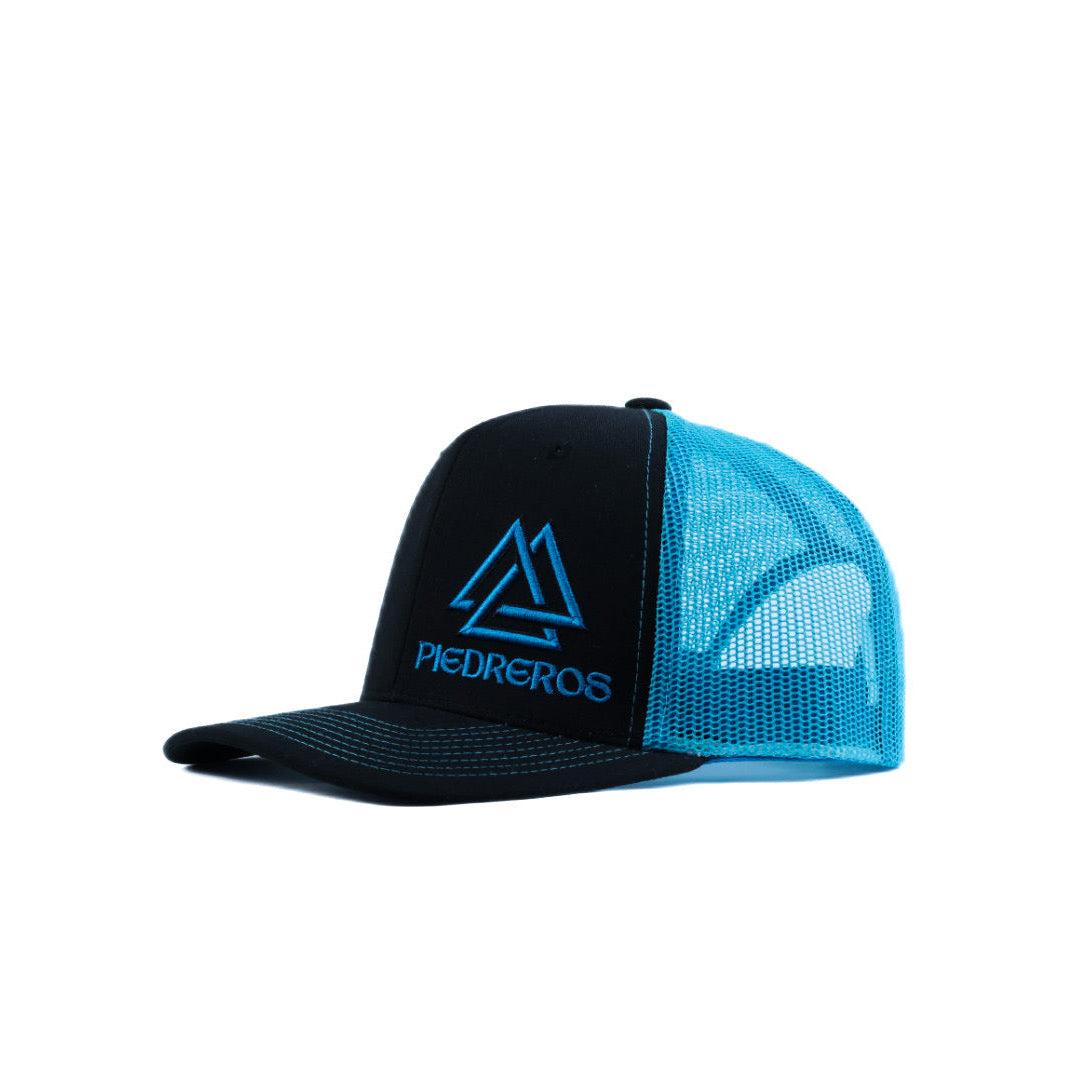 Black and blue mesh cap with blue and black logo