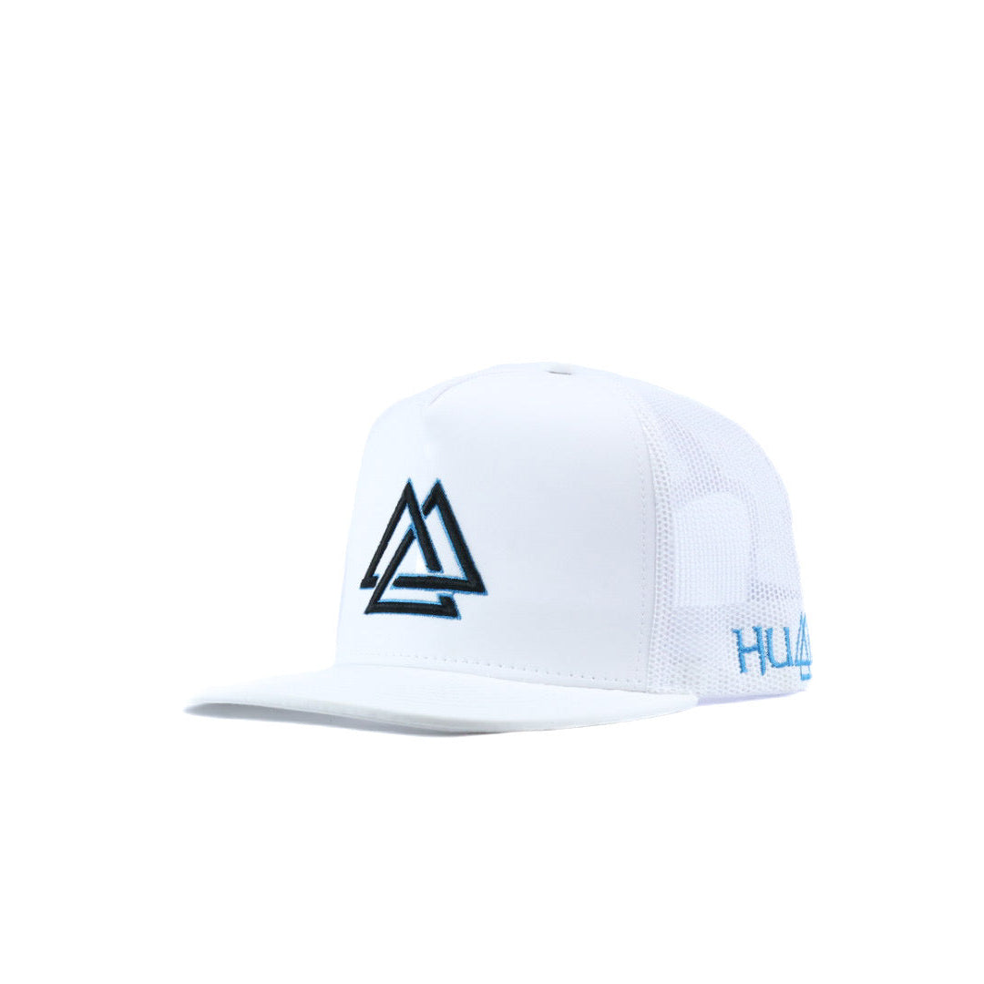 White cap with black and blue logo