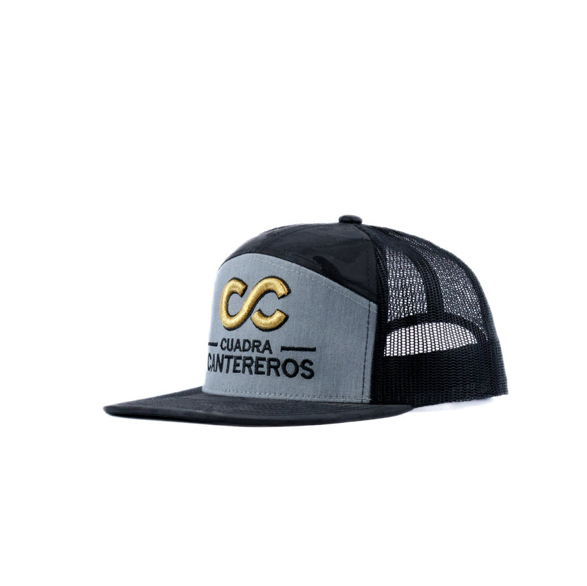 black and gray mesh cap with gold and black cantereros logo