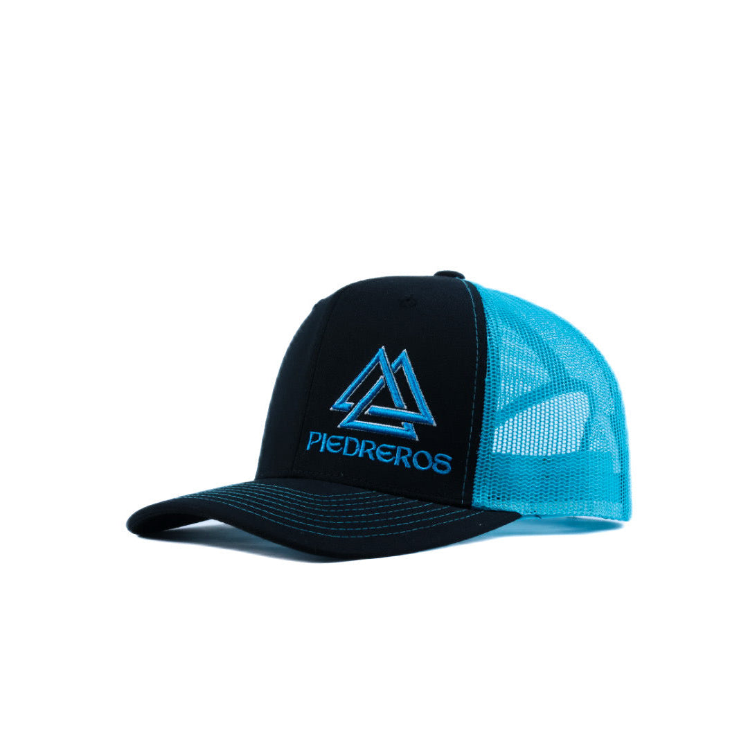 black and blue mesh cap with blue and white logo