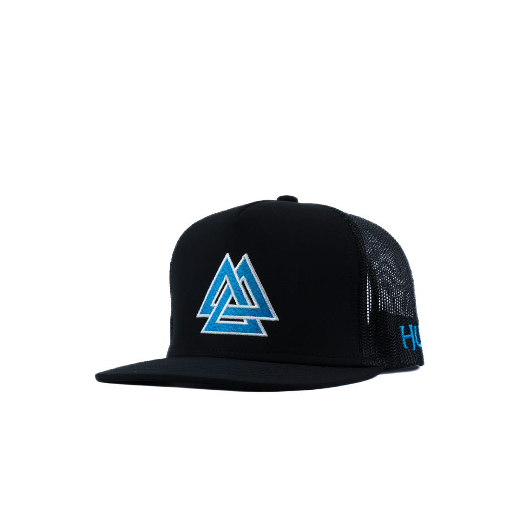 Black mesh cap with blue and white logo