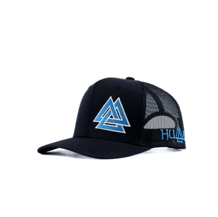 Black mesh cap with blue and white triangle logo