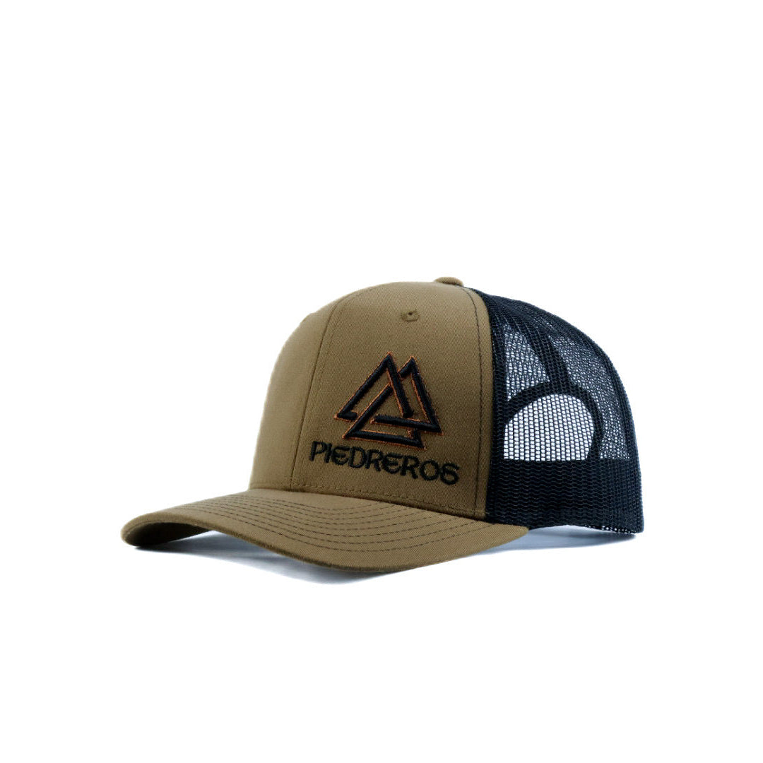 Brown mesh cap with black and orange logo