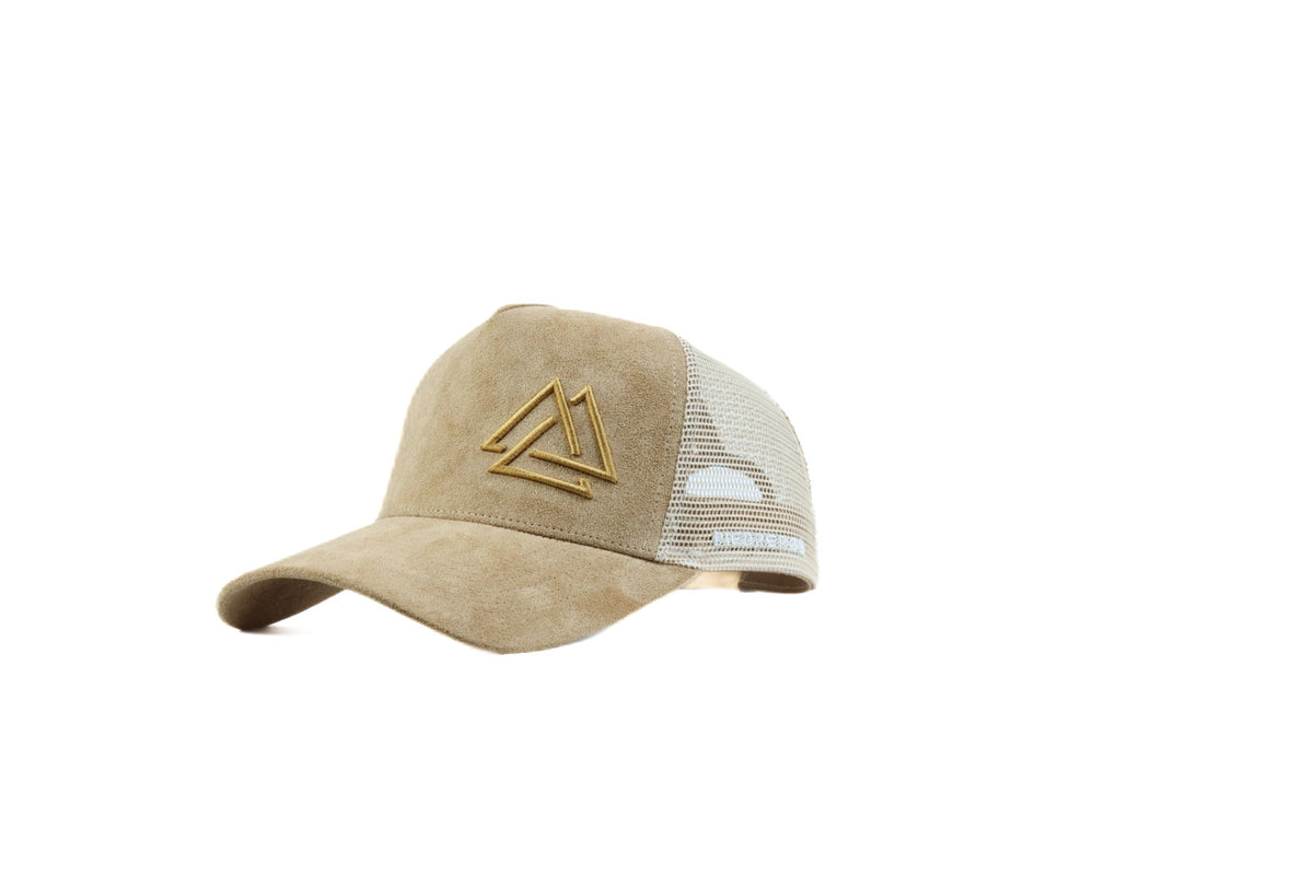 beige suede mesh cap with beige logo