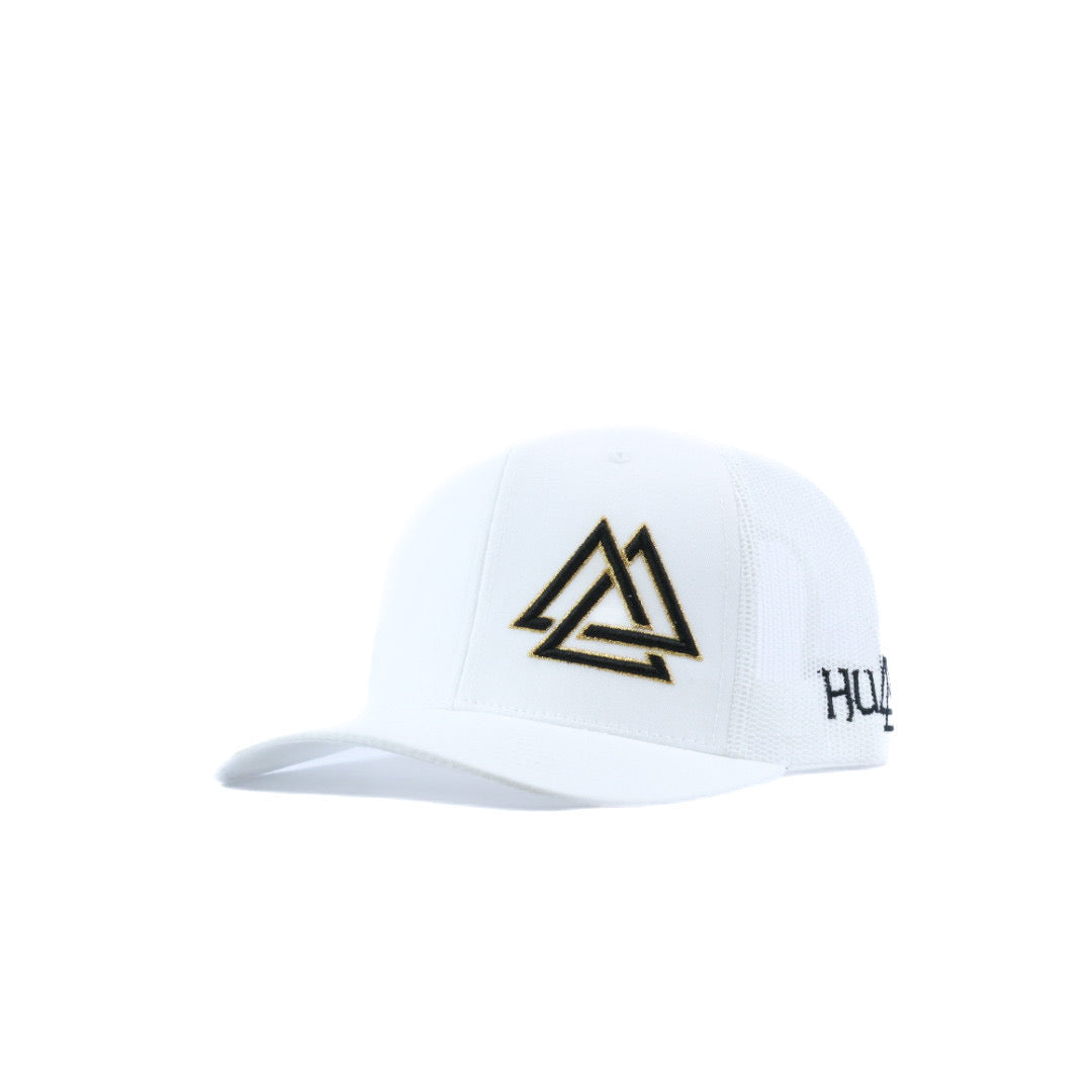 White cap with black and gold triagnle logo