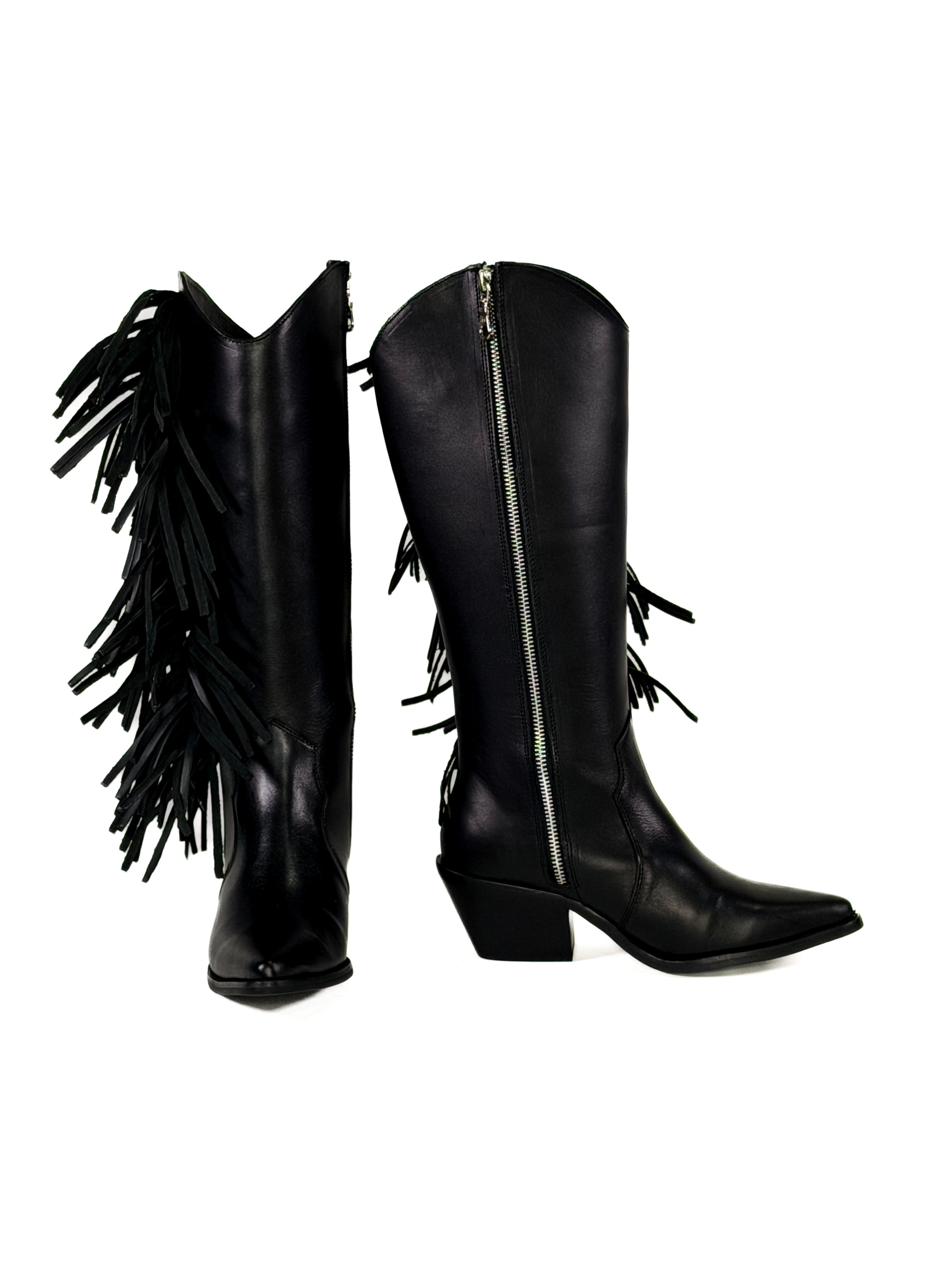 Black fringe zipper suede leather cowgirl boots