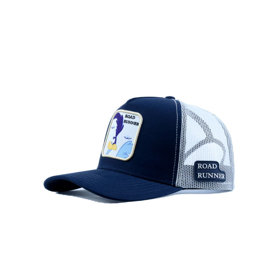 Navy and white cap with Road Runner logo on a white background