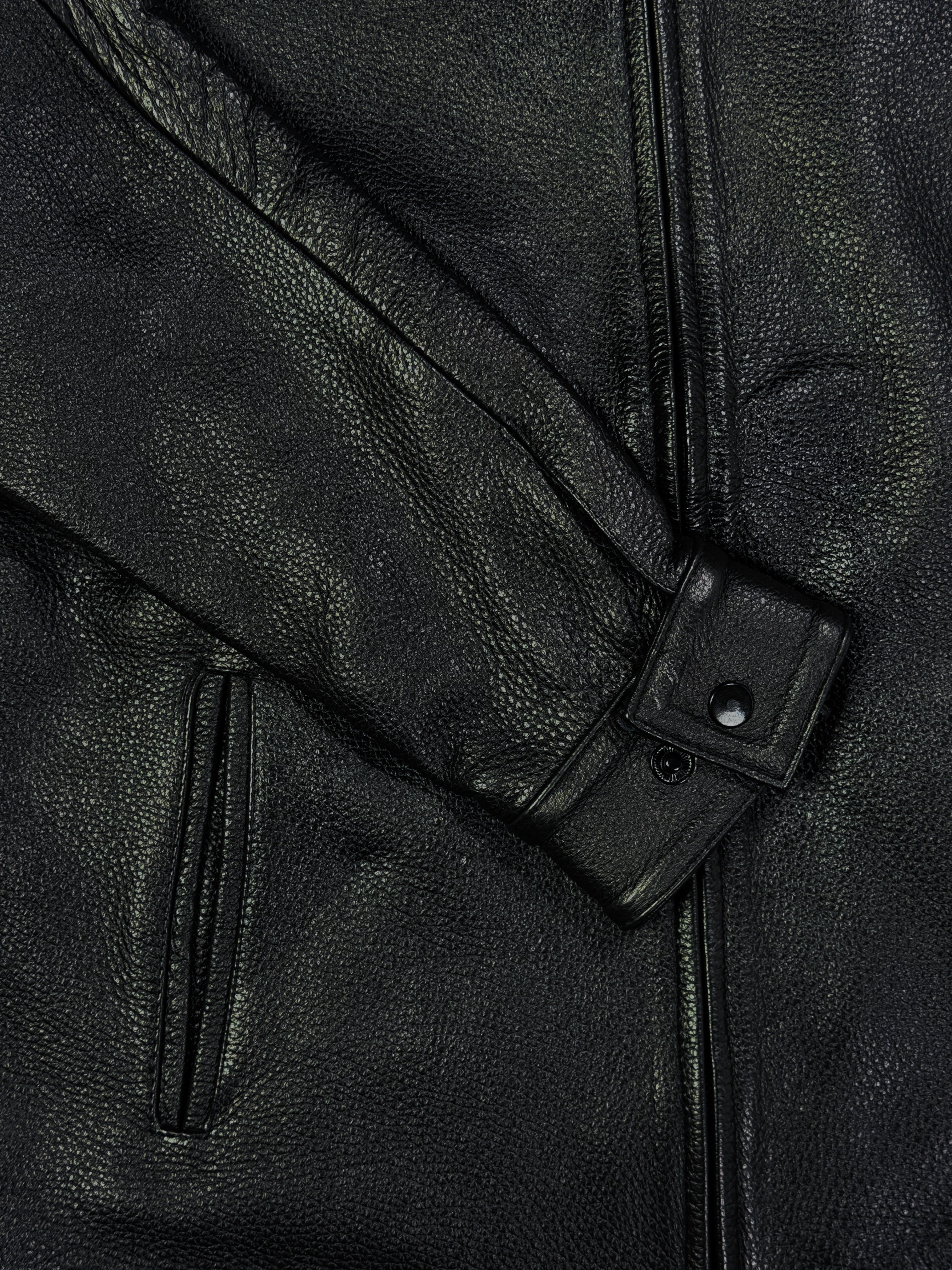 Close-up of a sleeve of a black leather jacket