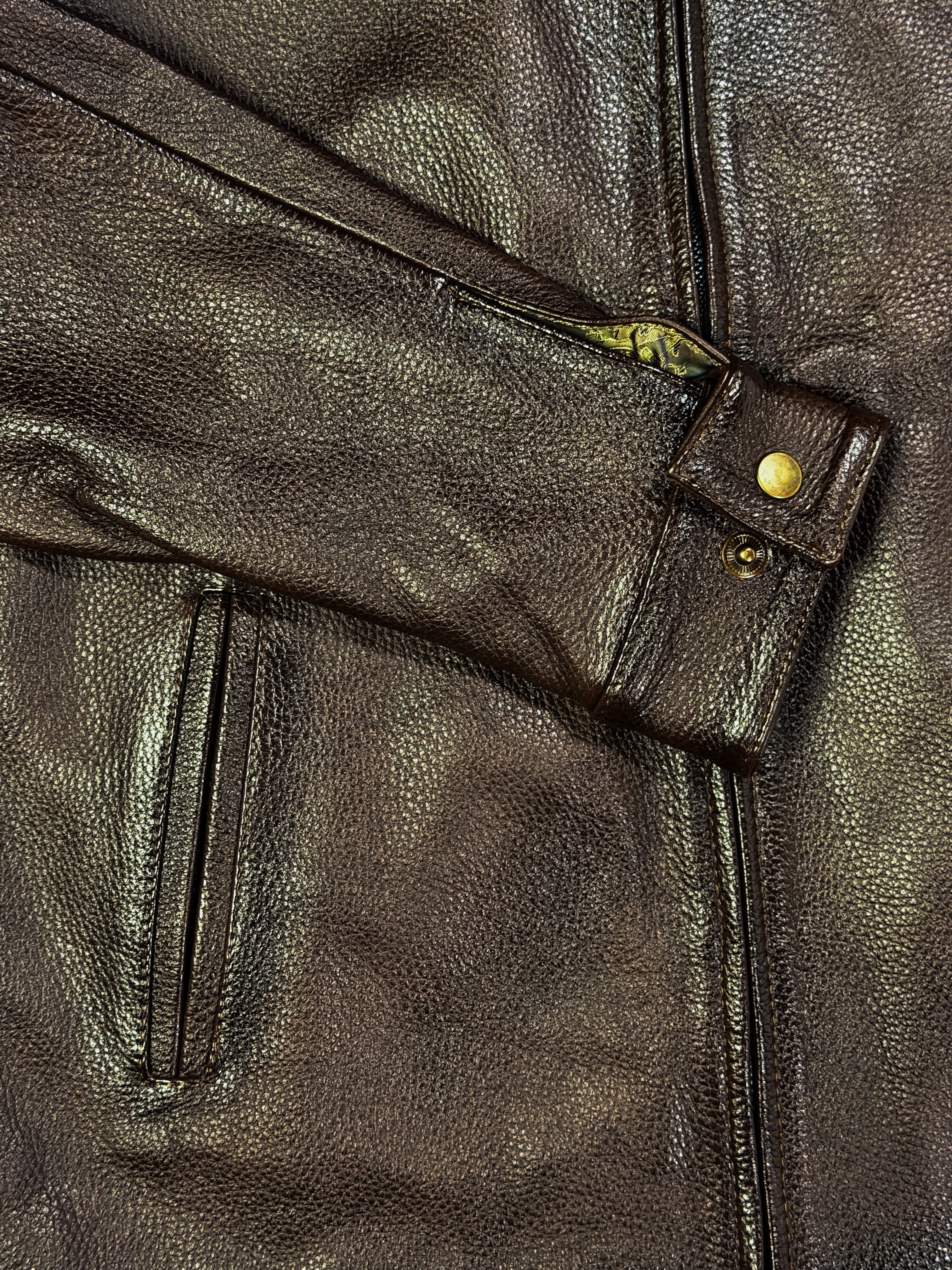Close-up of a brown leather jacket with stitching details