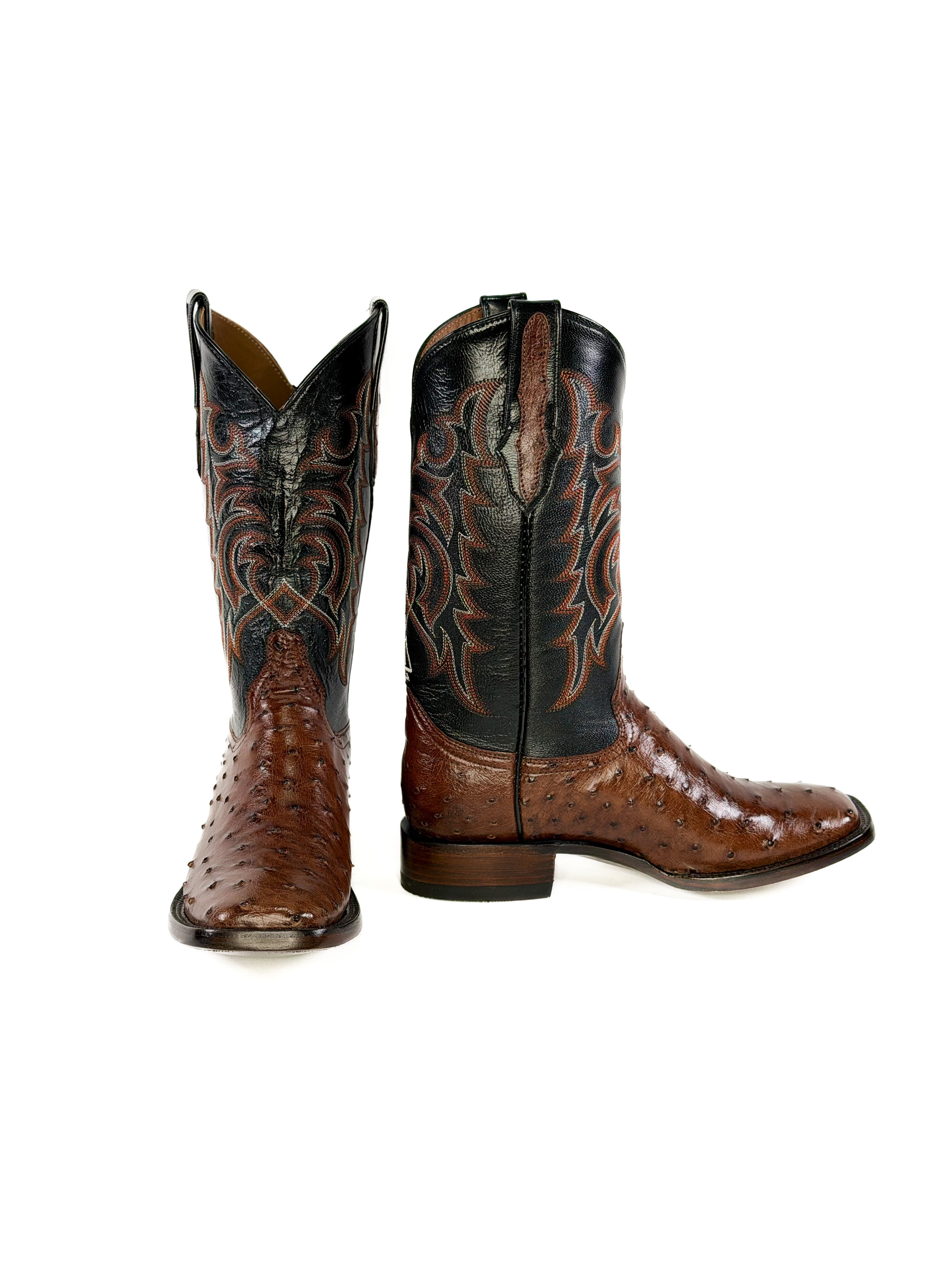 Ostrich Square Toe Boot — angled view of handmade ostrich boots