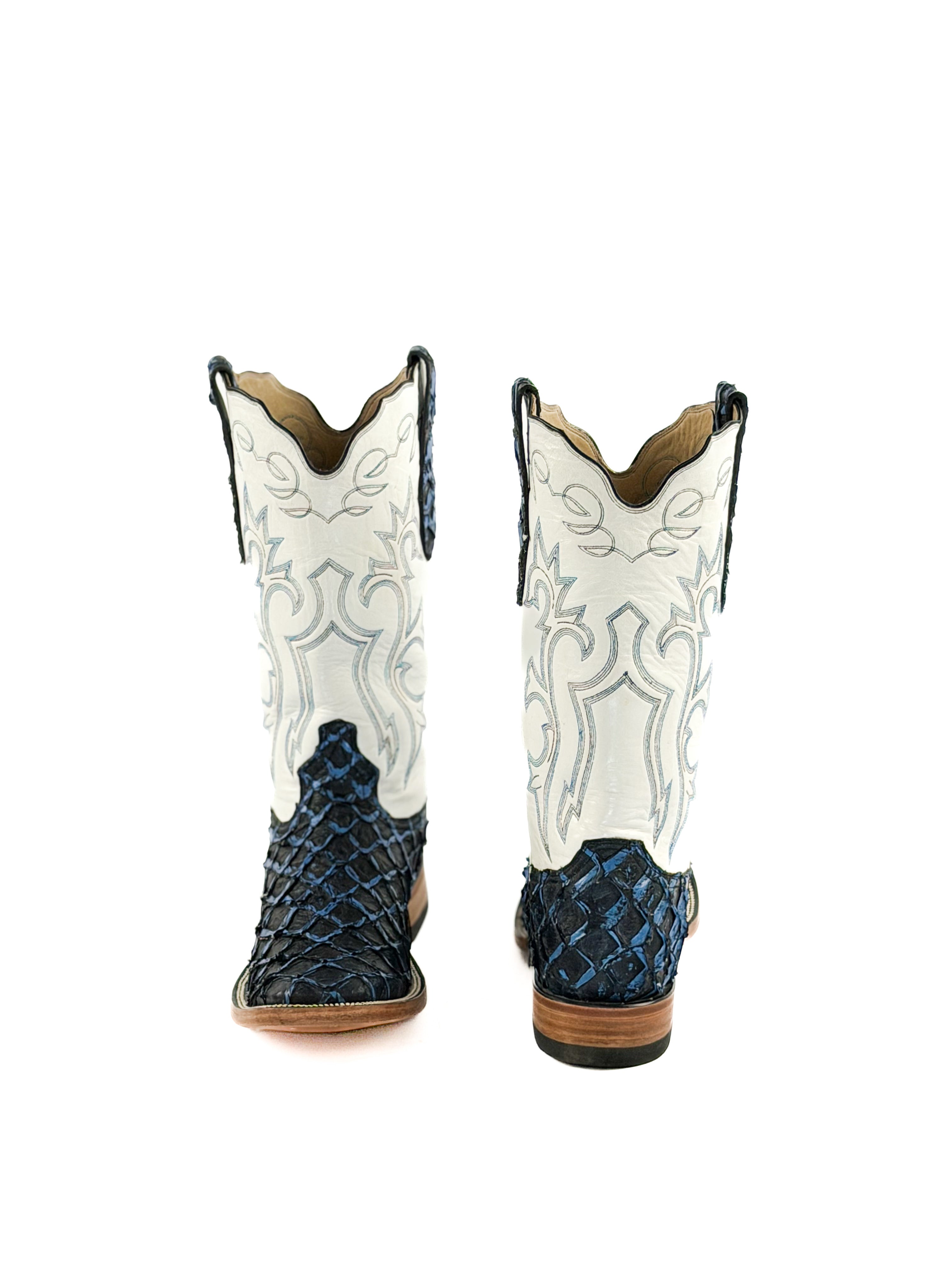 Pair of blue fish square toe boots with white leather shaft and blue stitching