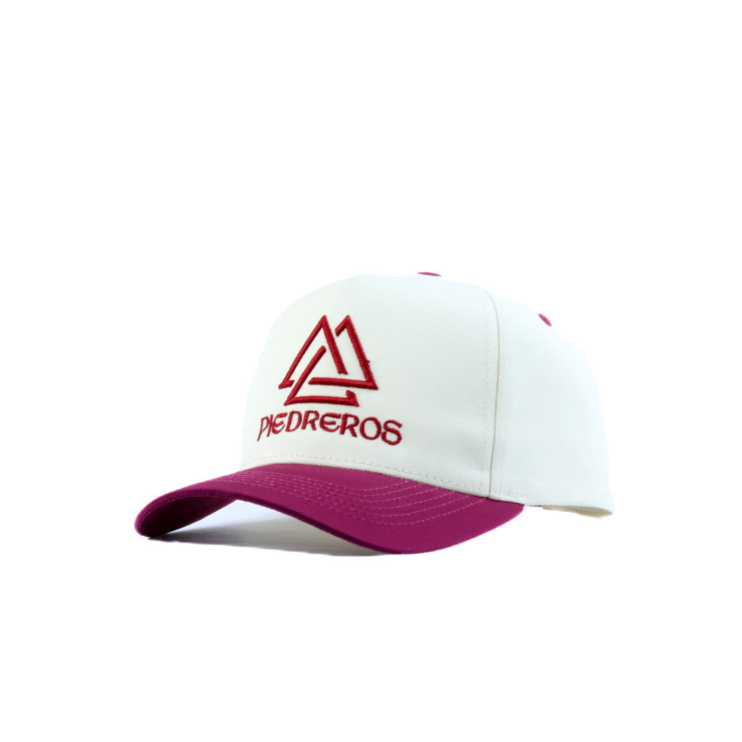 White cap with wine red logo on a white background