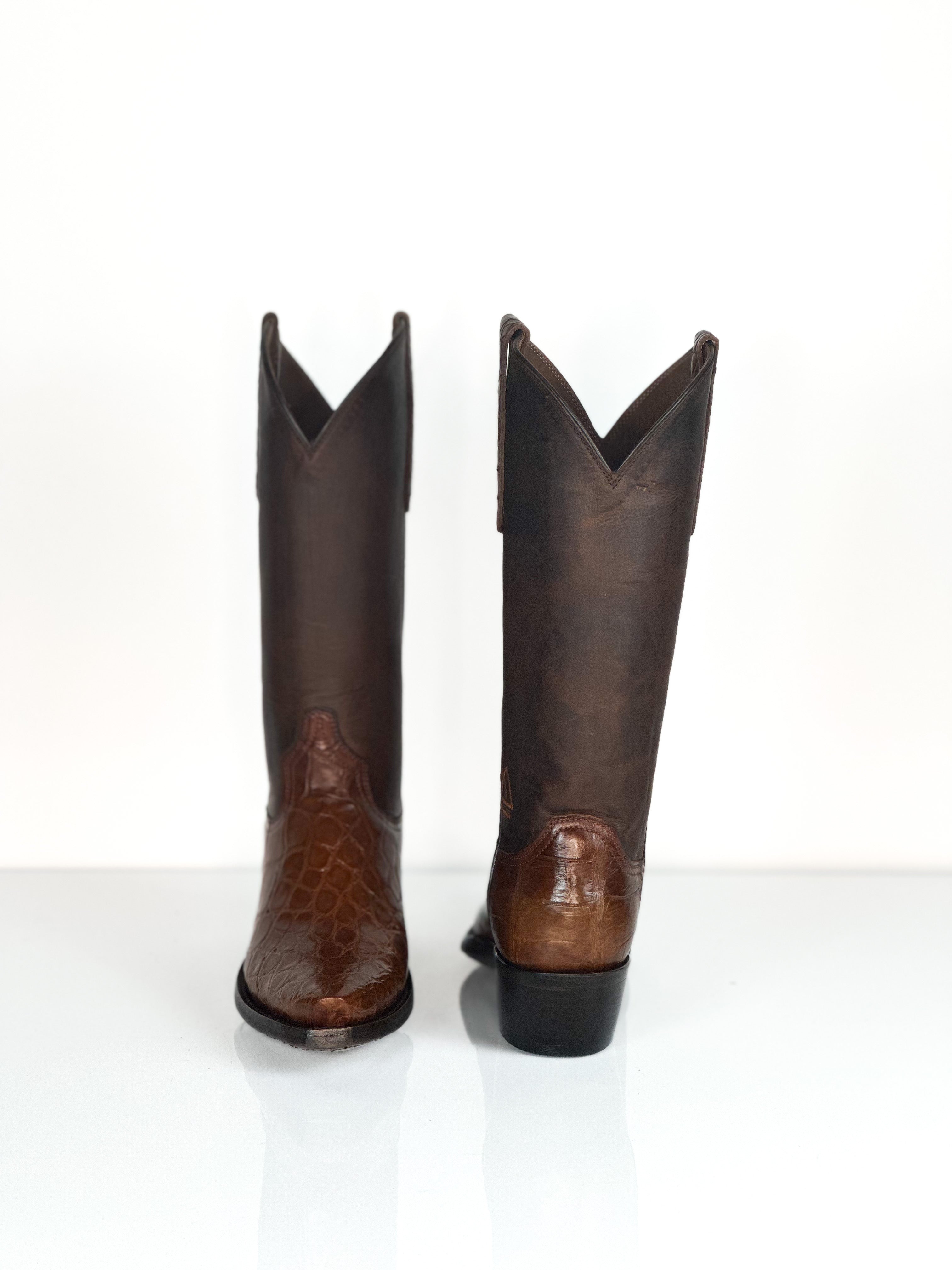 Sepia Gator Boots — angled view of handmade alligator boots