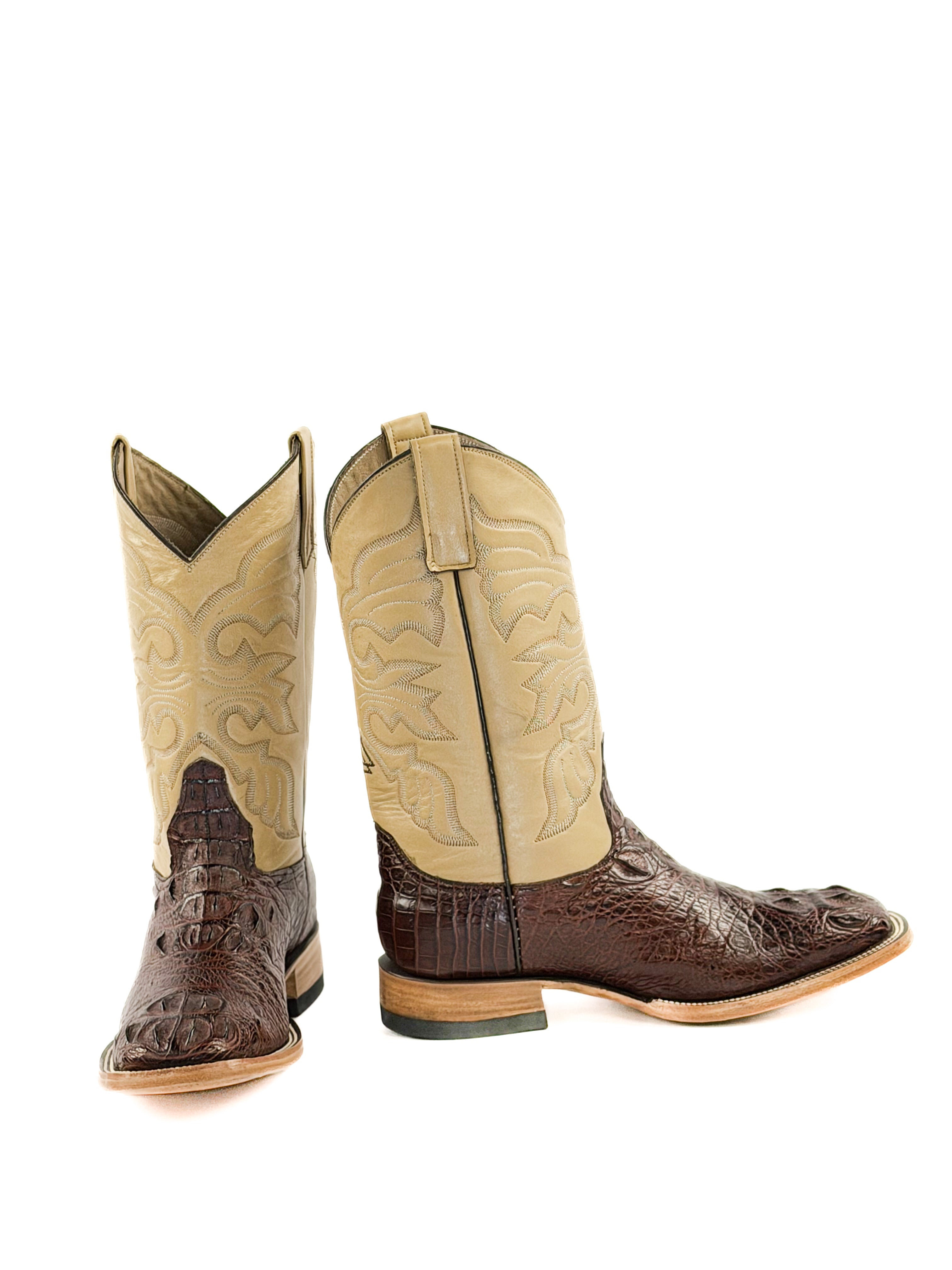Pair of crocodile square toe boots with brown and beige upper shafts