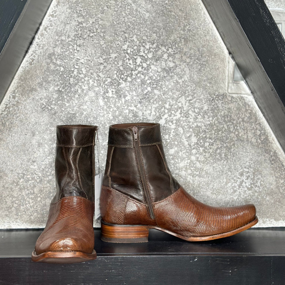Brown square Lizard boots — side view of handmade lizard boots