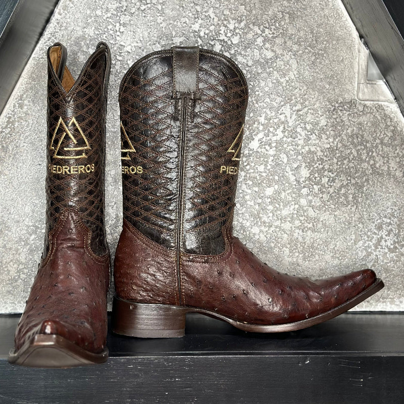 Chocolate Ostrich Boots — side view of handmade ostrich boots