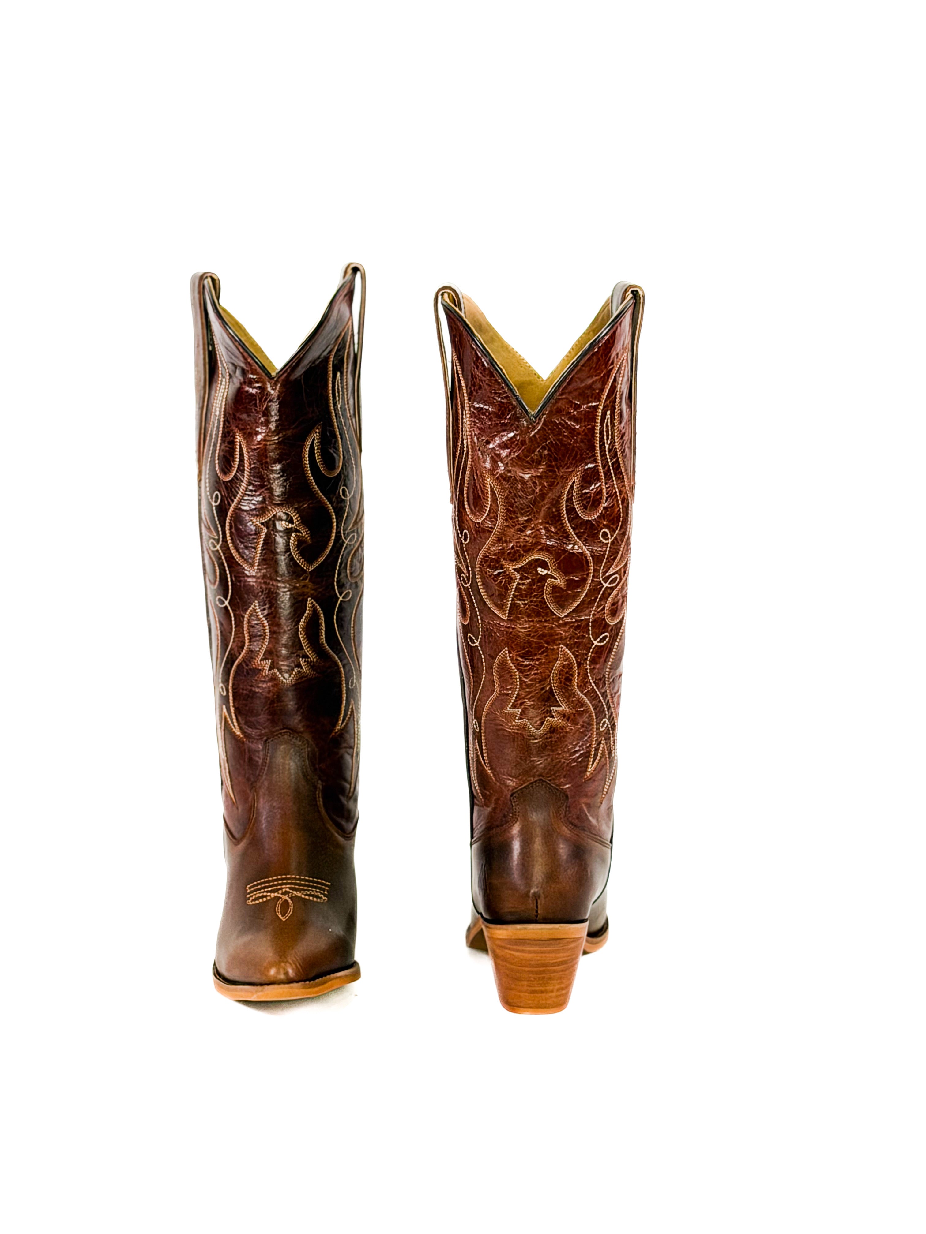 Brown red leather cowgirl boots