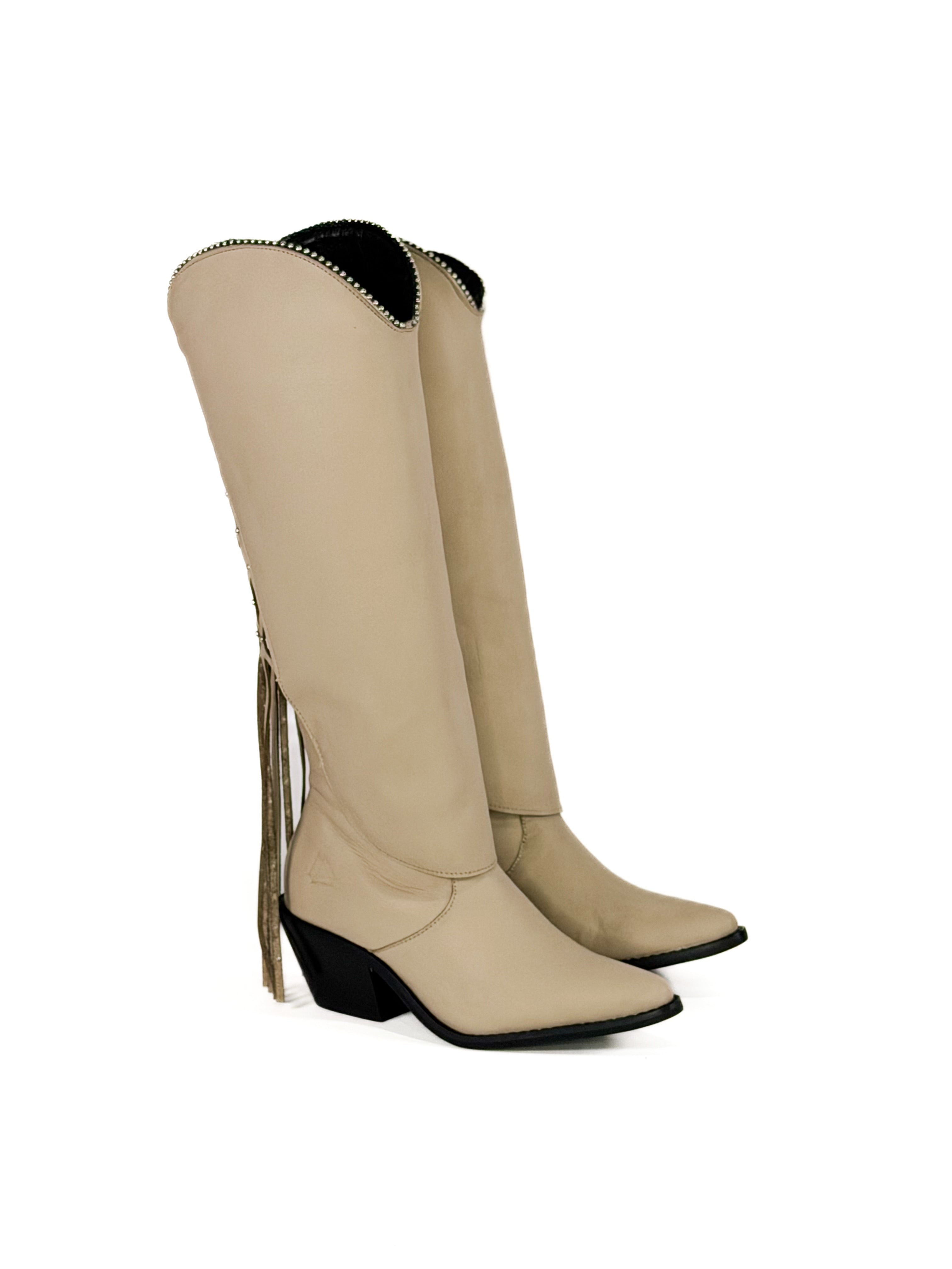 Pearl fringe studded zipper leather cowgirl boots