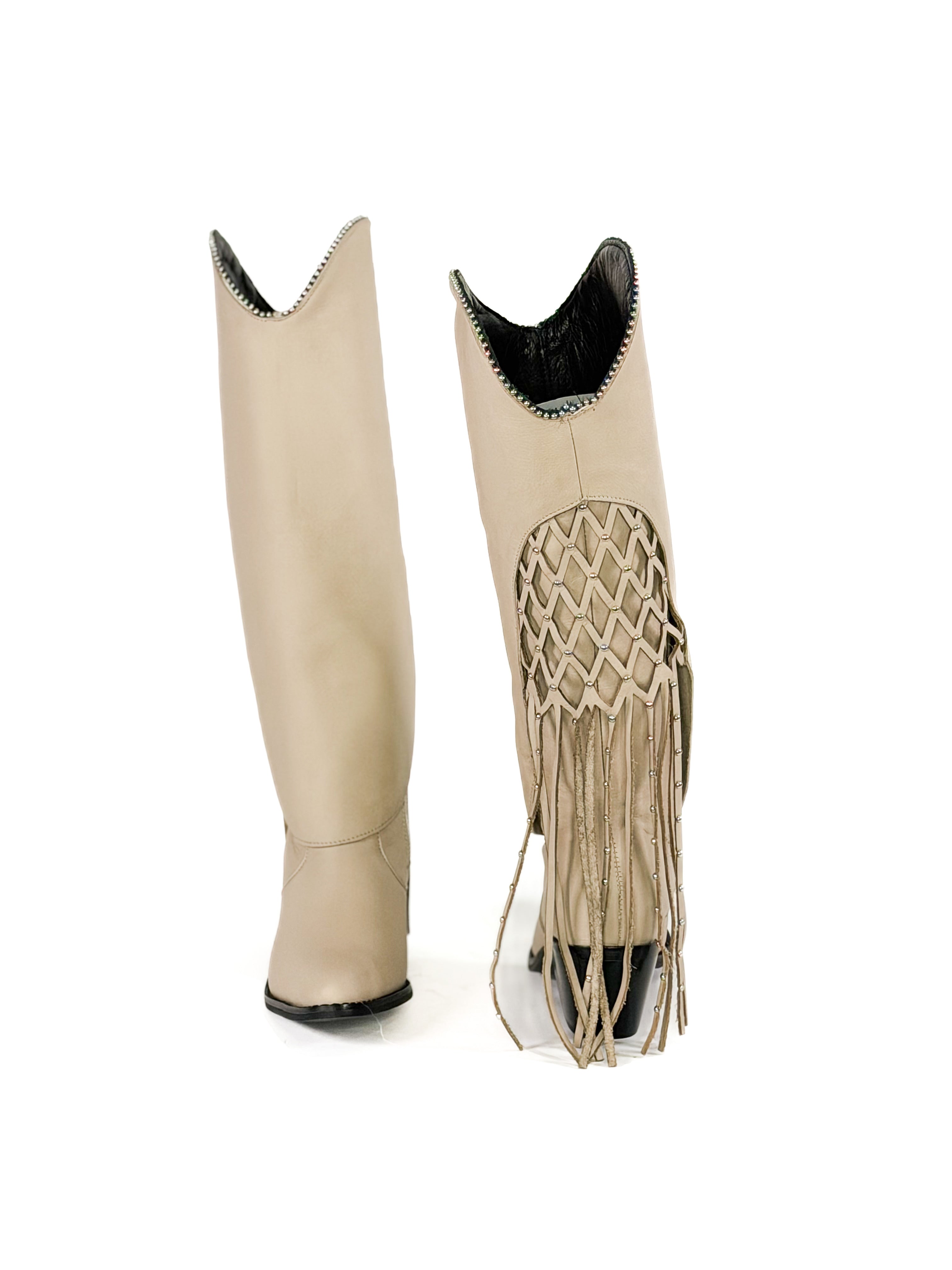 Pearl fringe studded zipper leather cowgirl boots