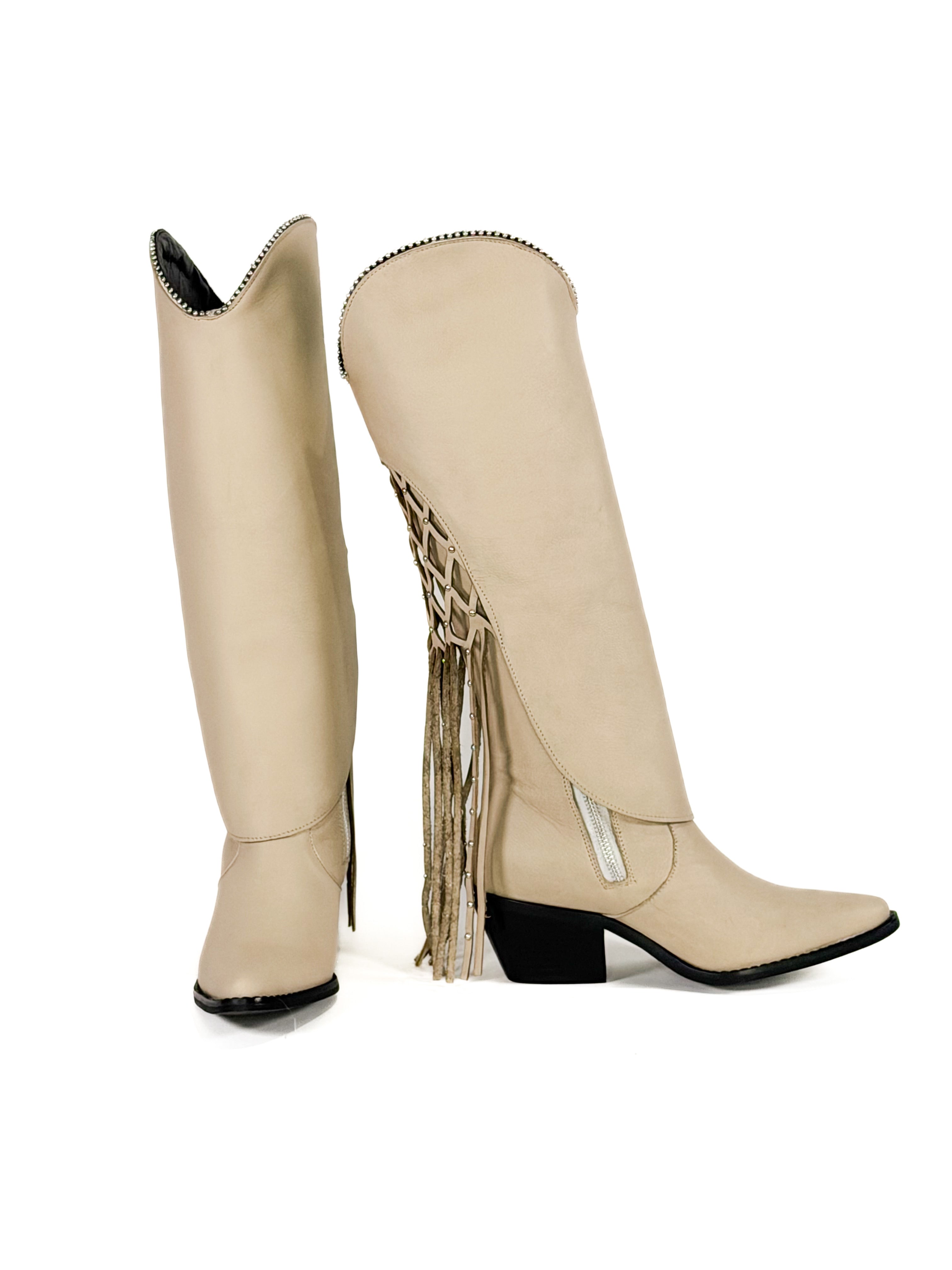 Pearl fringe studded zipper leather cowgirl boots