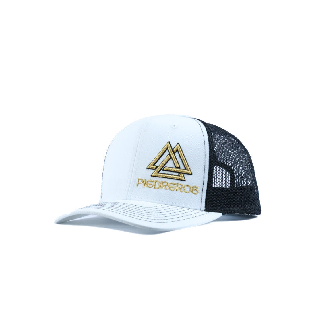 white mesh cap with gold and black logo