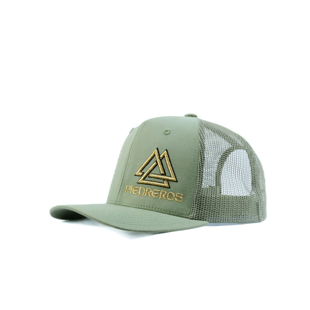 Green mesh cap with gold and black logo