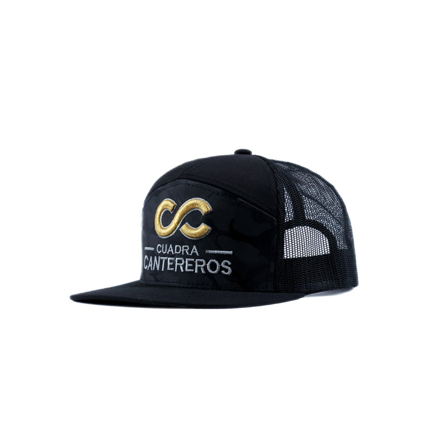Black mesh cap with camo and gold and grey cantereros logo