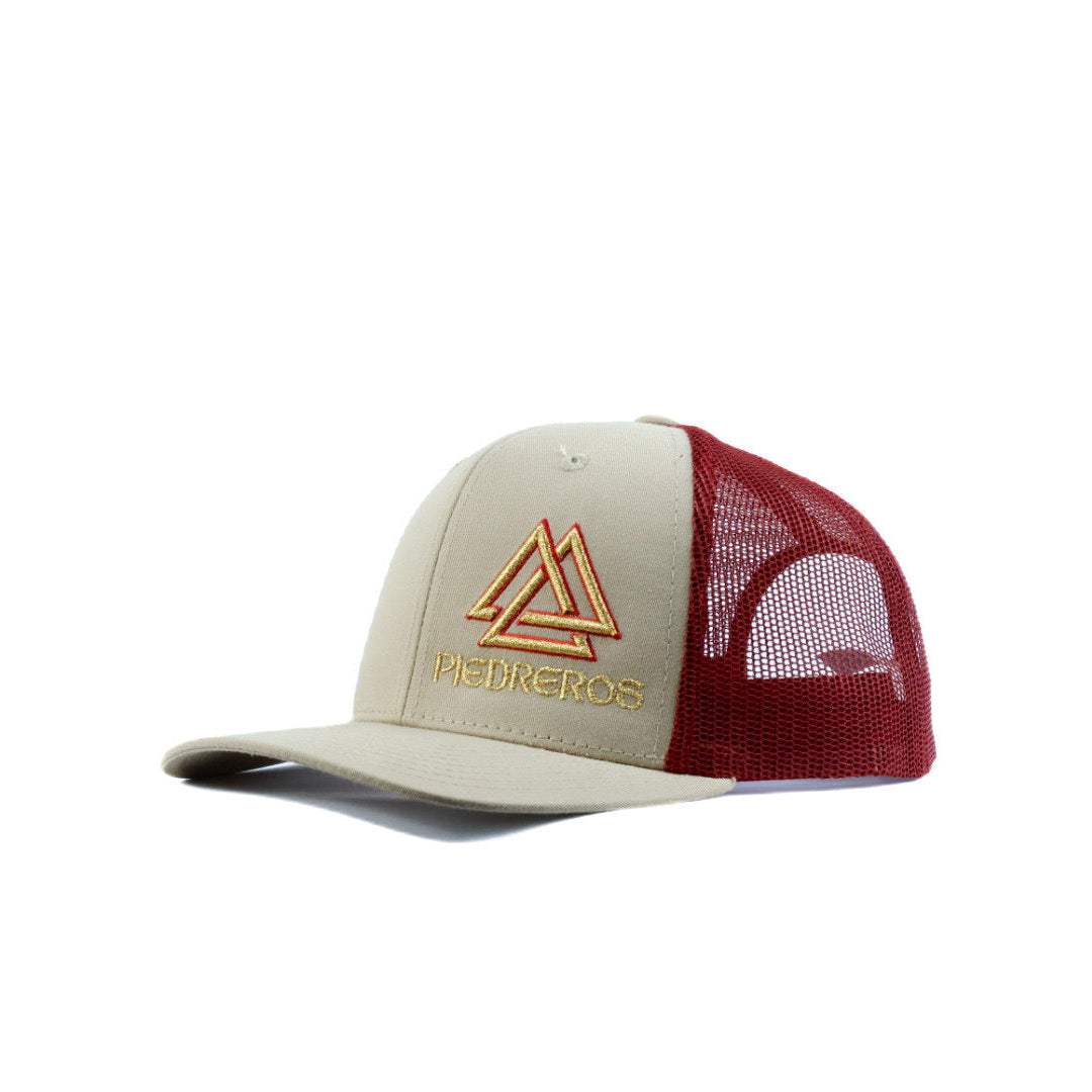 Tan and red mesh cap with gold and red logo