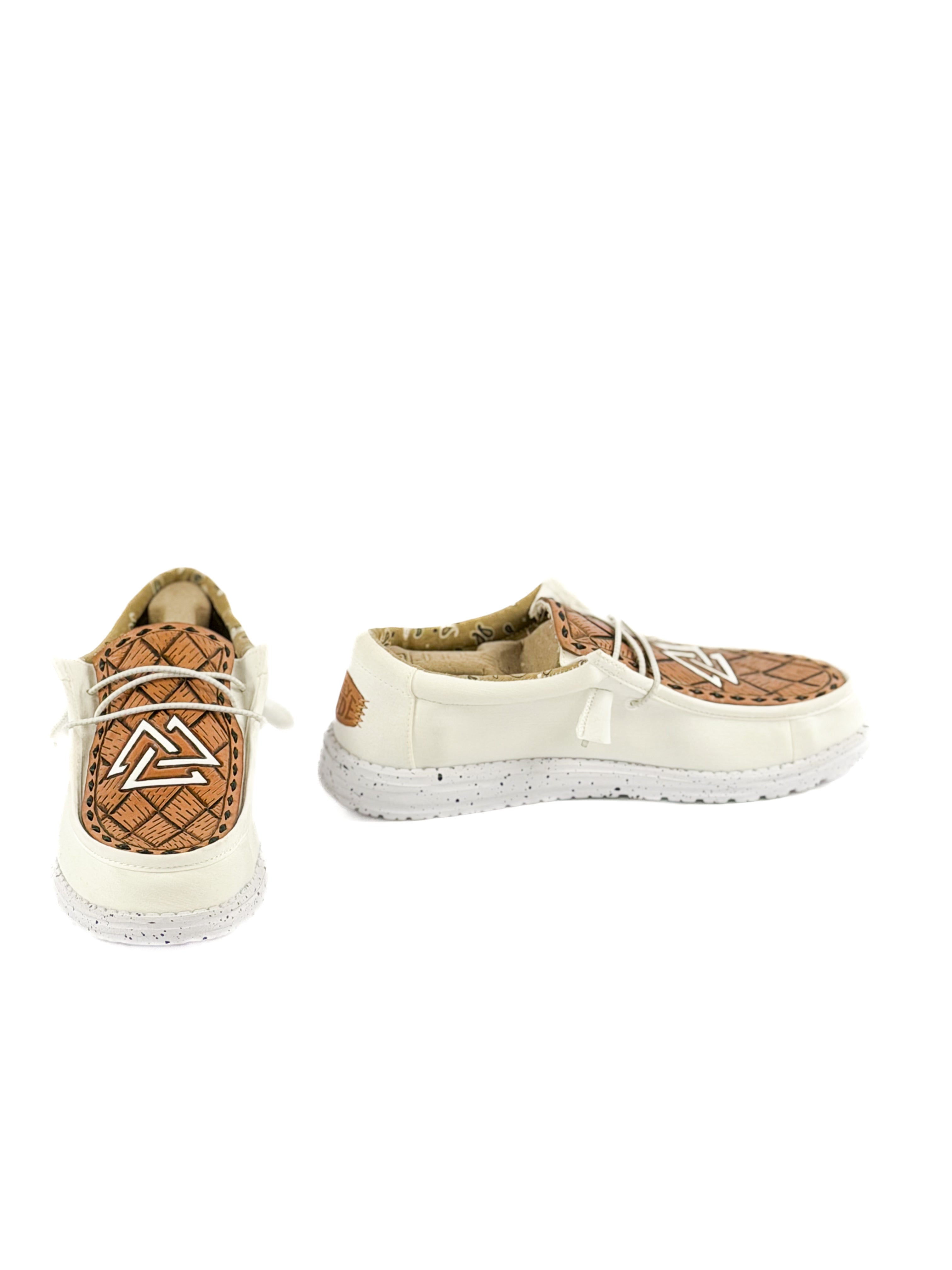White hey Dudes with hand tooled piedreros logo