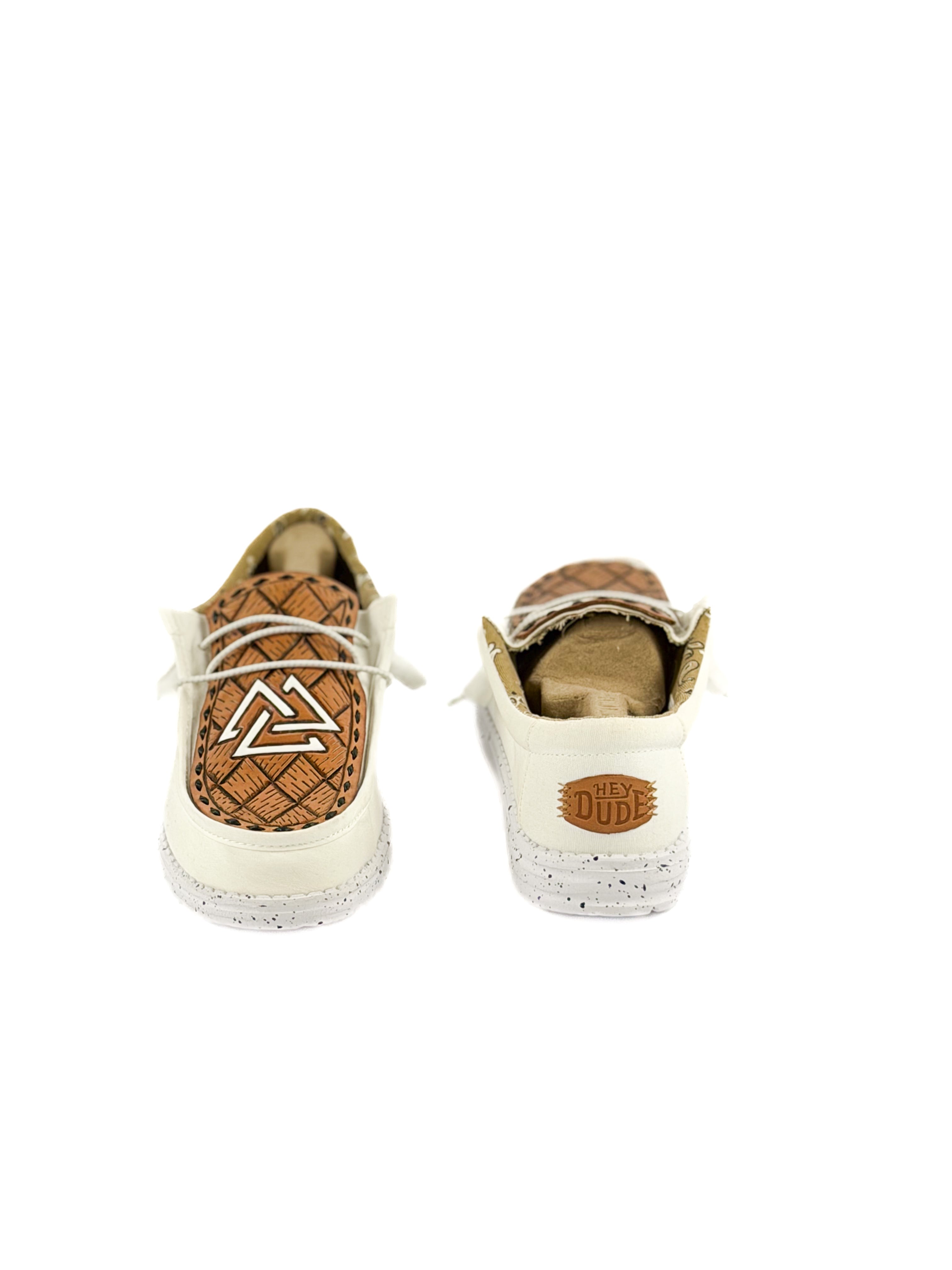 White hey Dudes with hand tooled piedreros logo