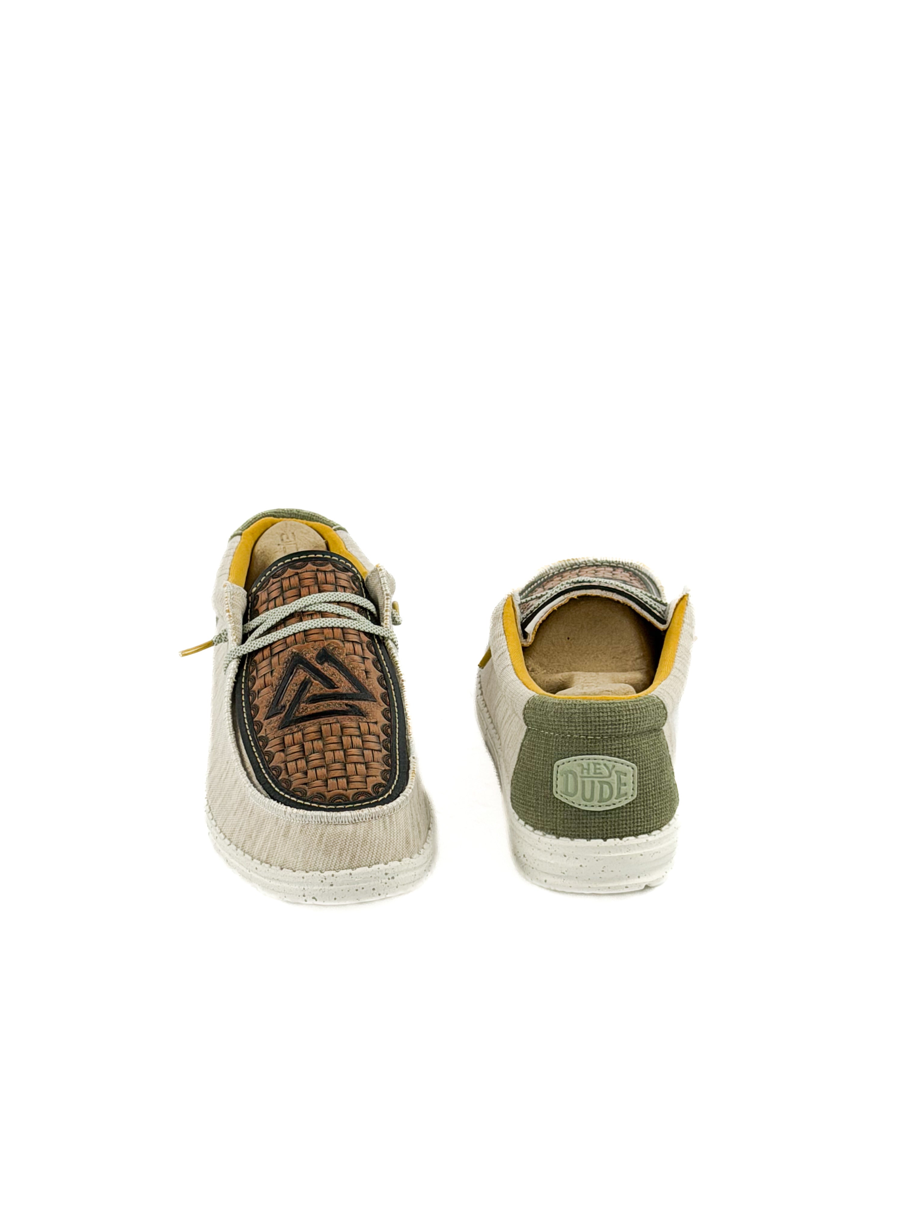 Grey hey Dudes with olive green and hand tooled piedreros logo