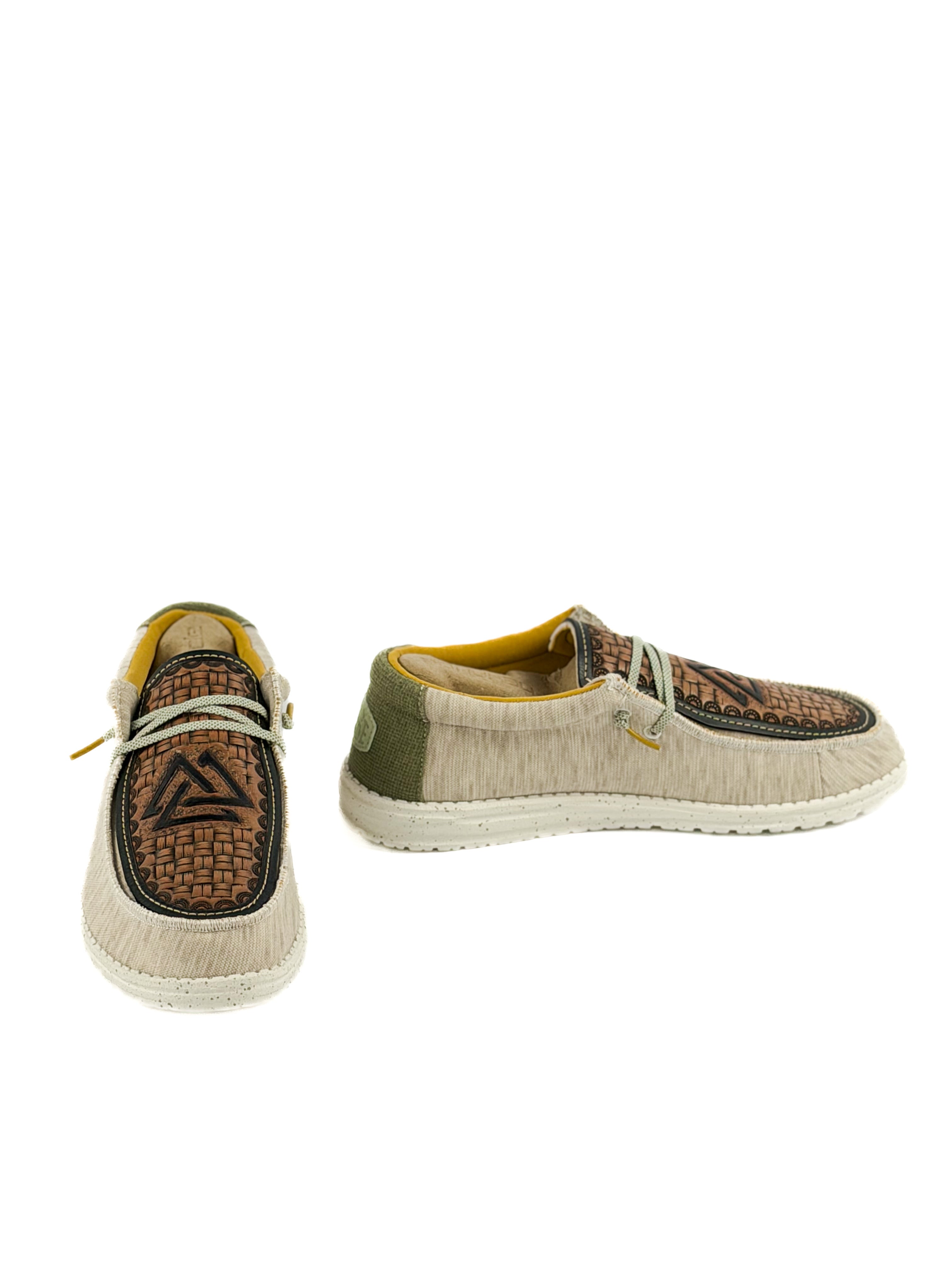 Grey hey Dudes with olive green and hand tooled piedreros logo