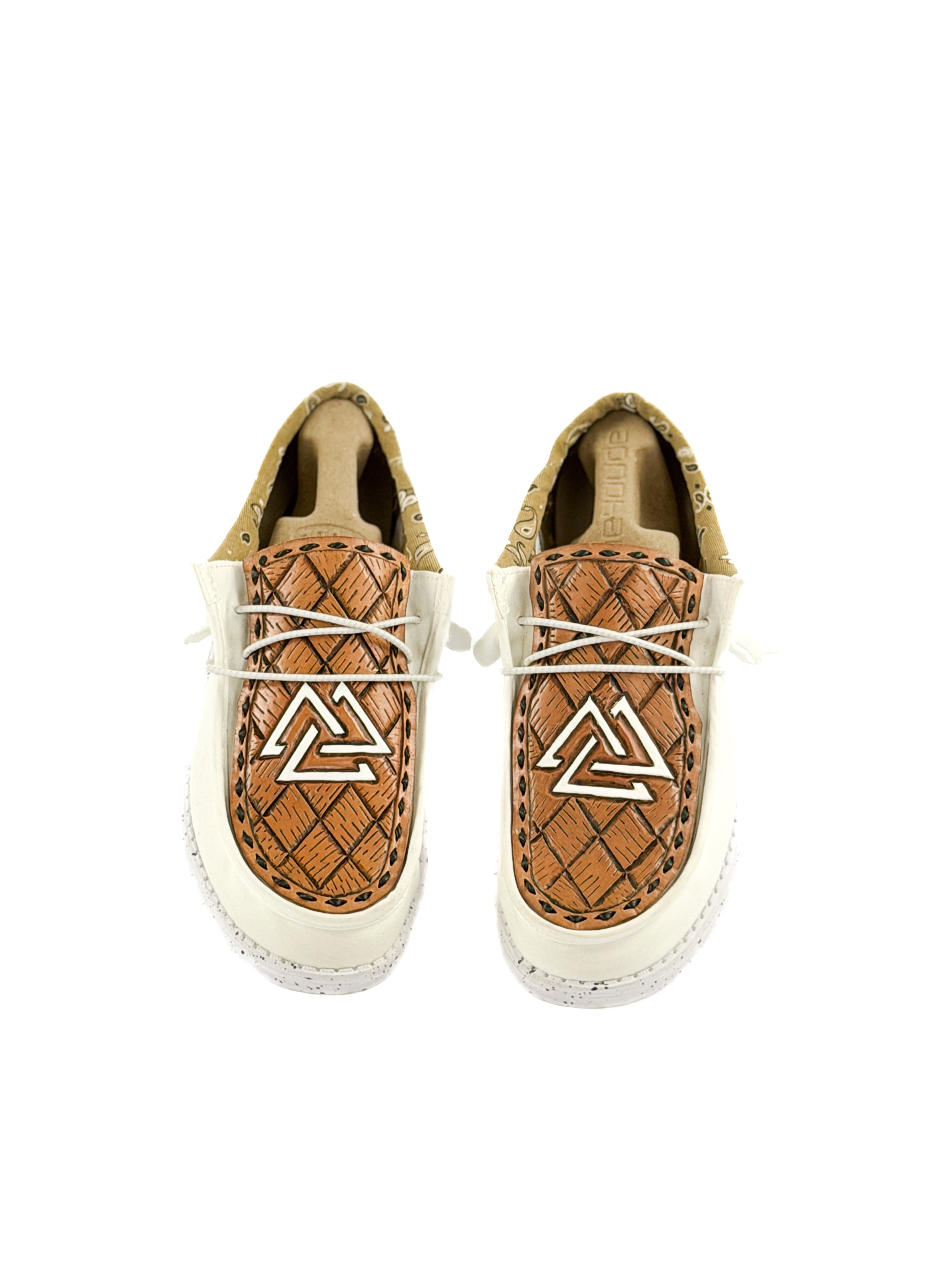 White hey Dudes with hand tooled piedreros logo