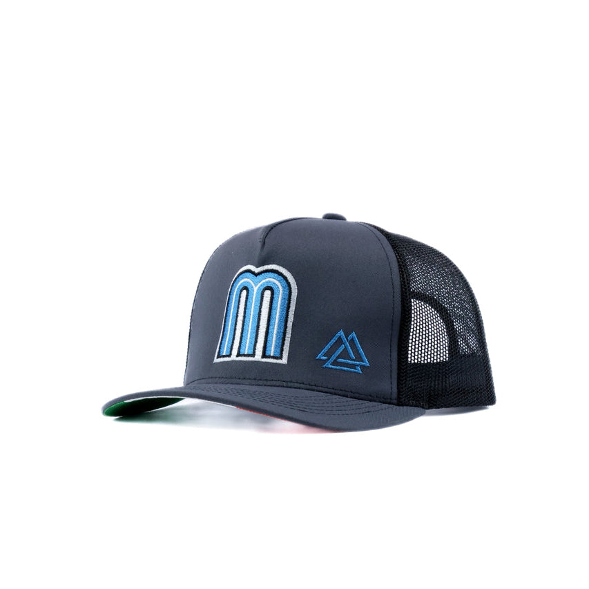 Dark gray trucker cap with mexico logo and mexican flag underneath the brim