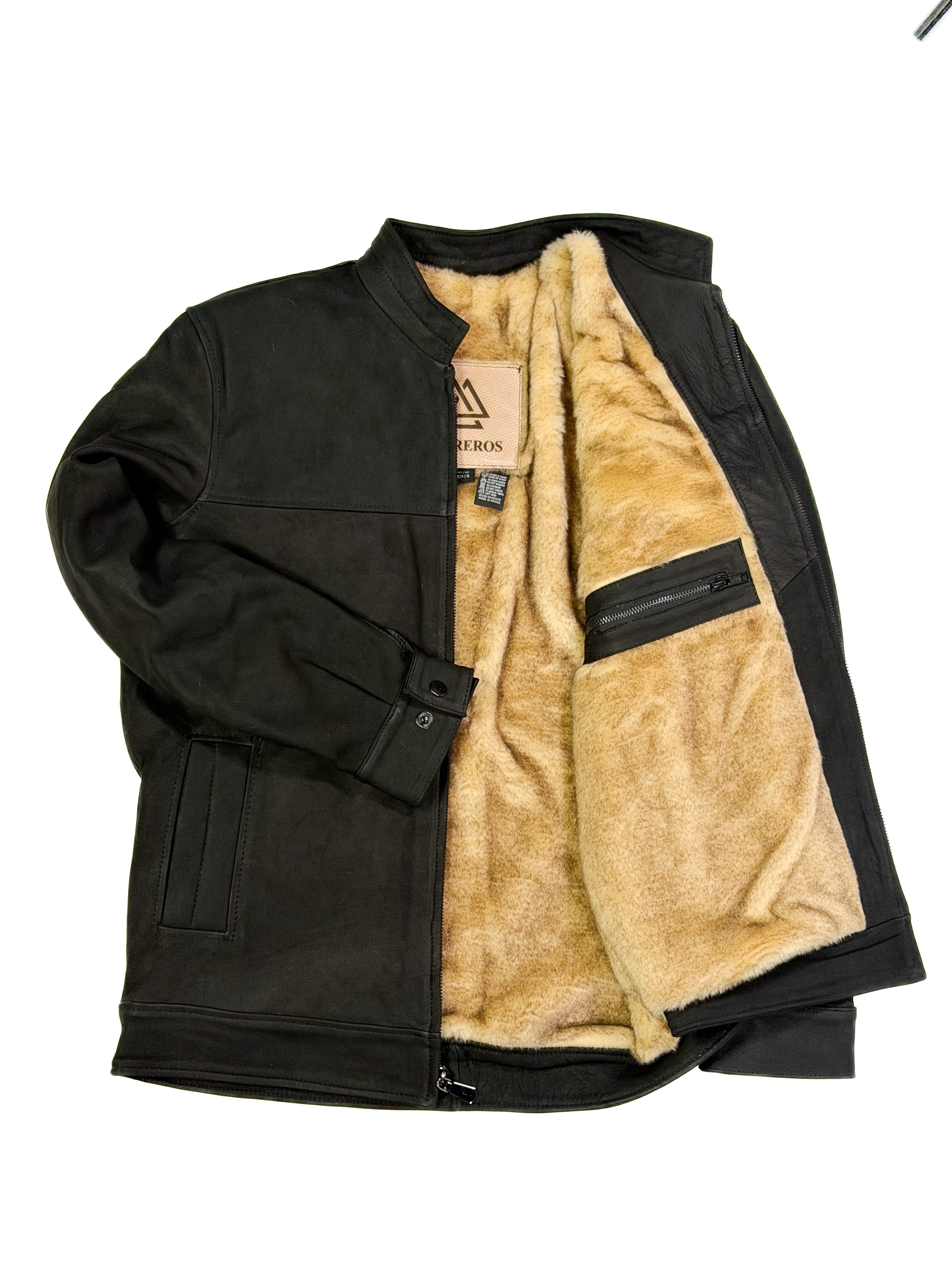 Black jacket with tan fleece fur inner lining