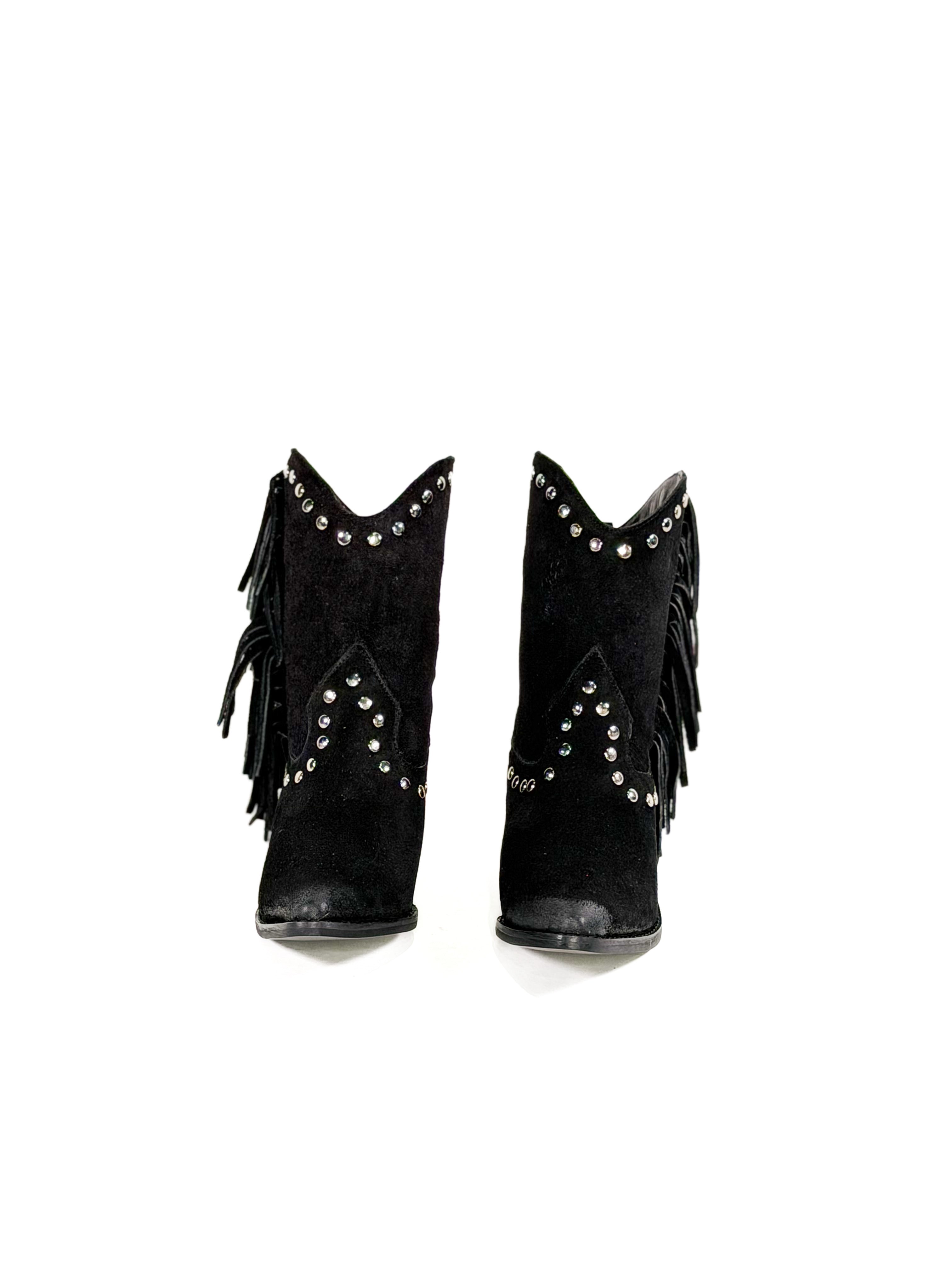 Black suede studded cowgirl ankle boots