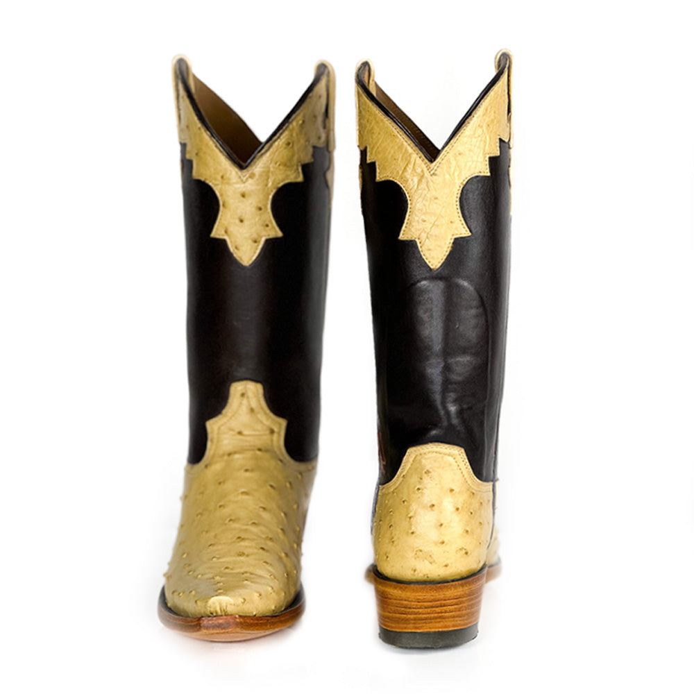 Ostrich- Flama Gold Boot — angled view of handmade ostrich boots