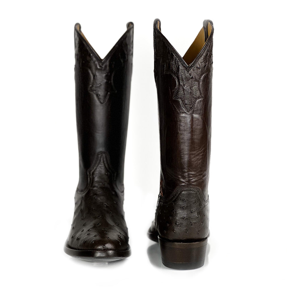 Ostrich- Hickory Boot — angled view of handmade ostrich boots