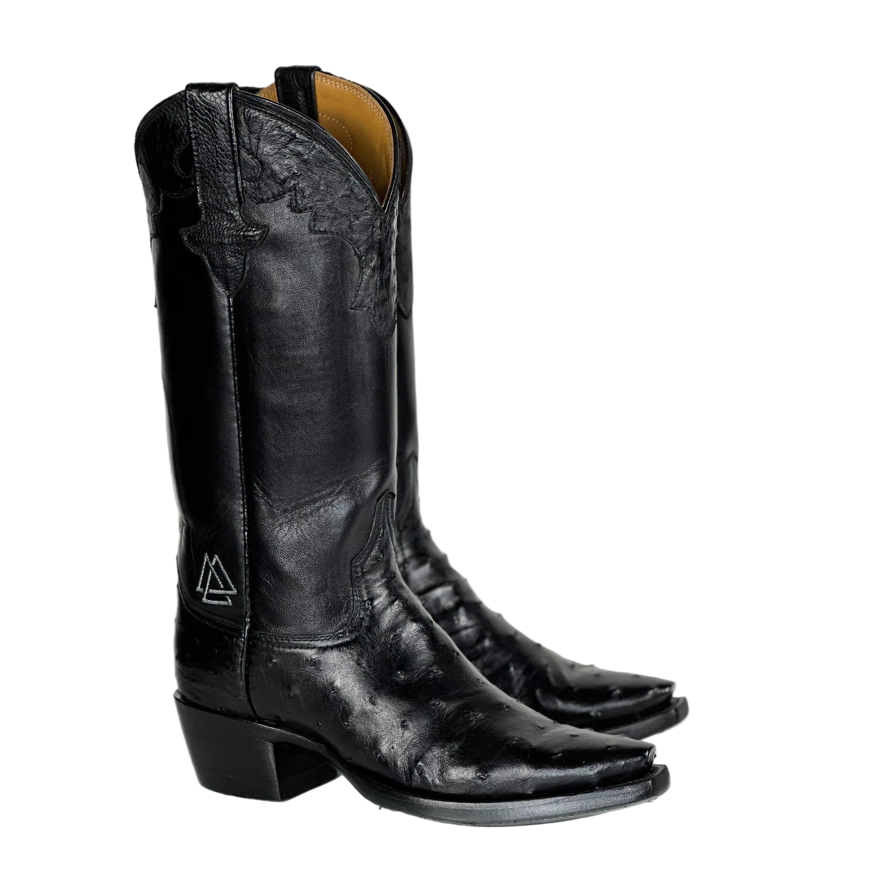 Black ostrich leather snip toe cowboy boots