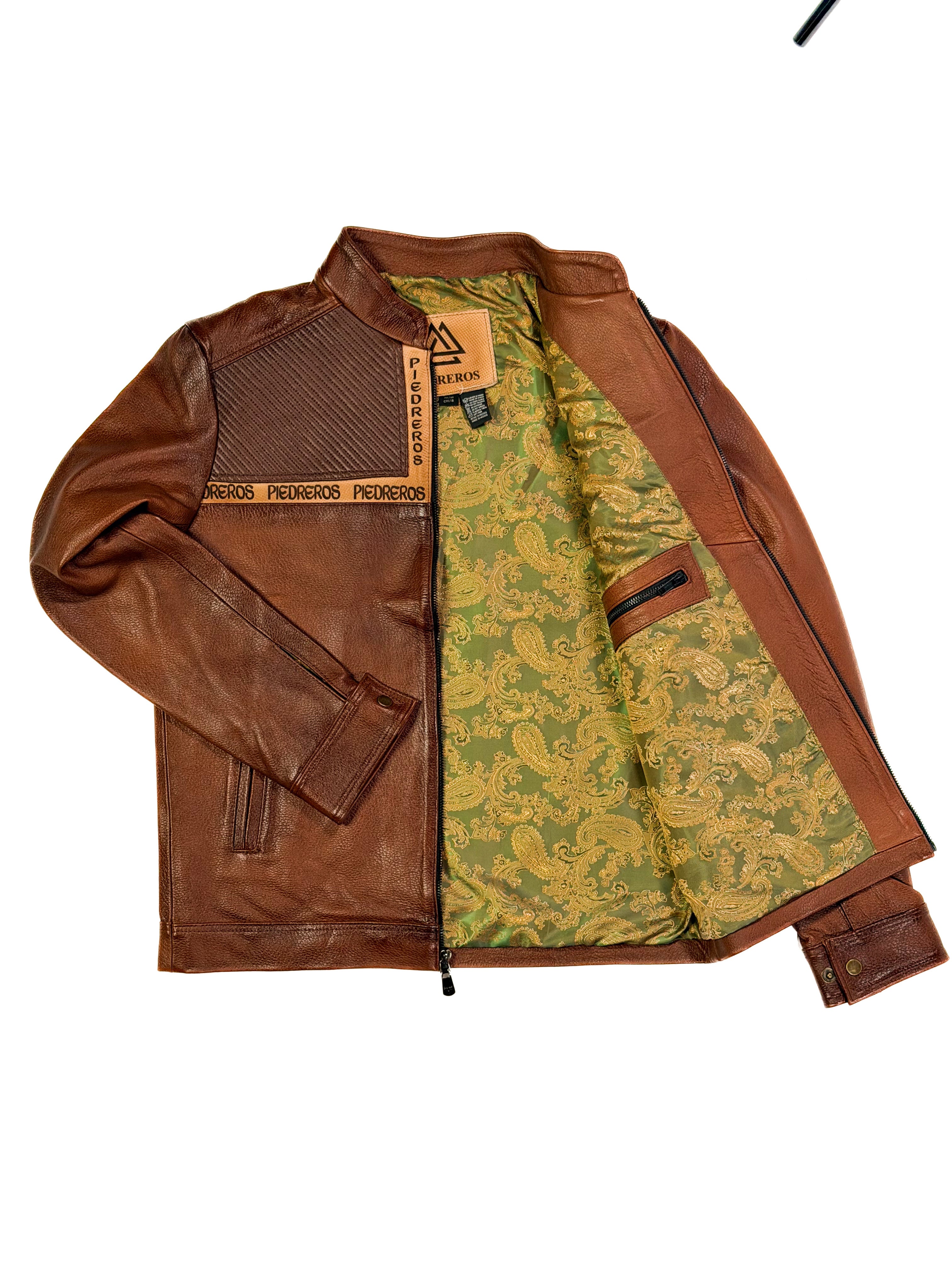 Brown leather jacket with green patterned inner lining